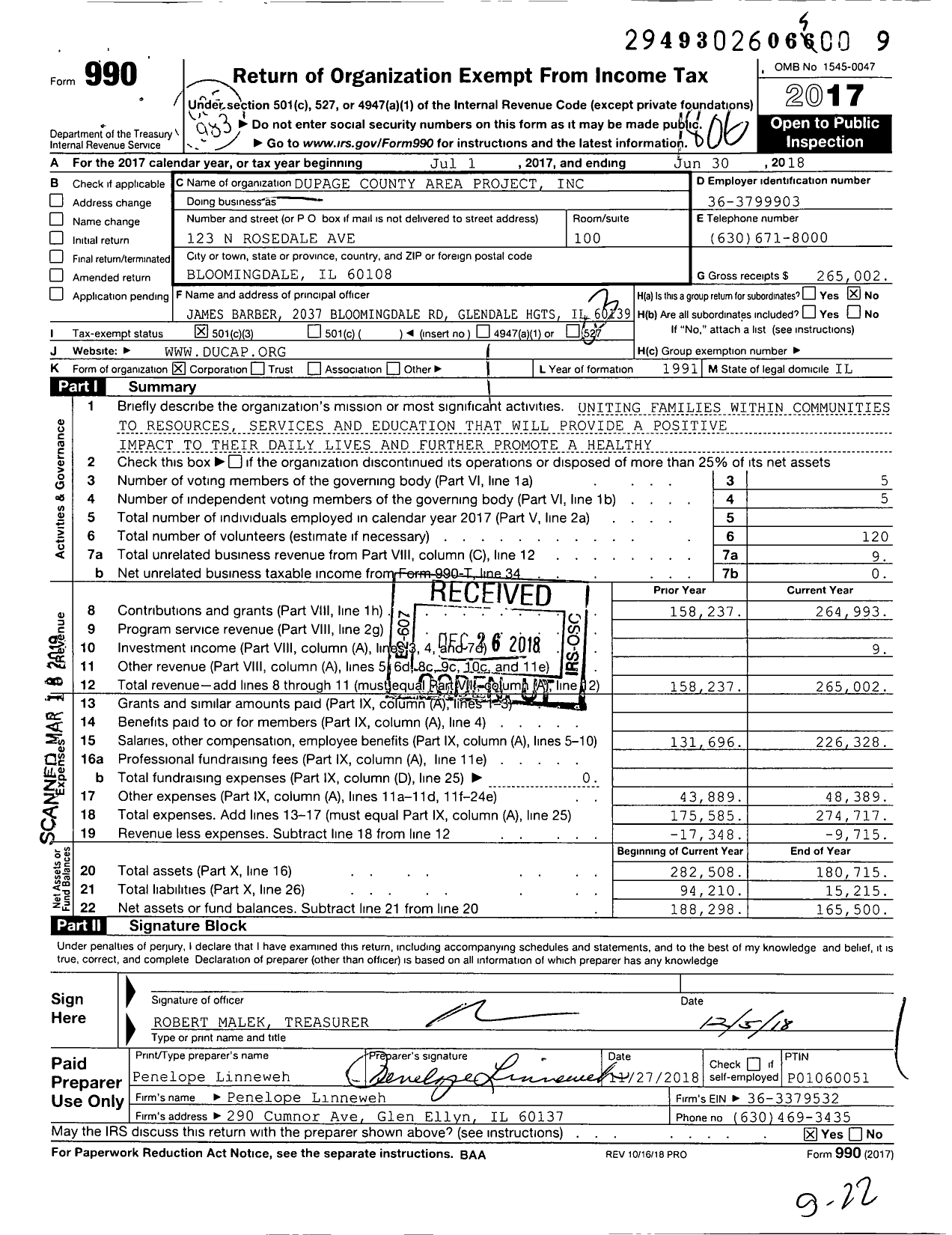 Image of first page of 2017 Form 990 for Dupage County Area Project