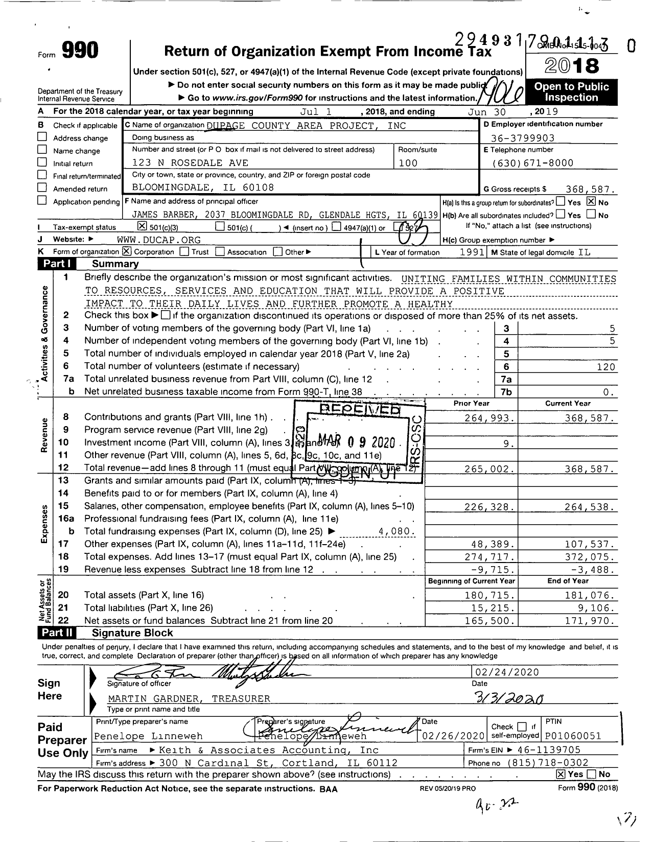 Image of first page of 2018 Form 990 for Dupage County Area Project