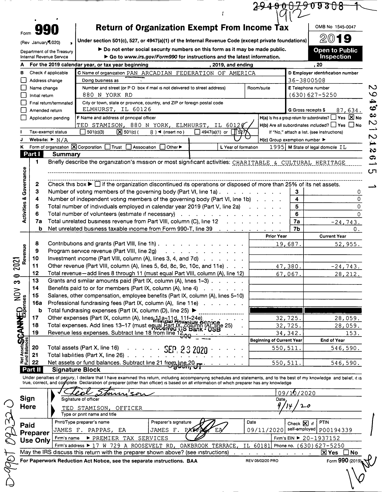 Image of first page of 2019 Form 990O for Pan Arcadian Federation of America