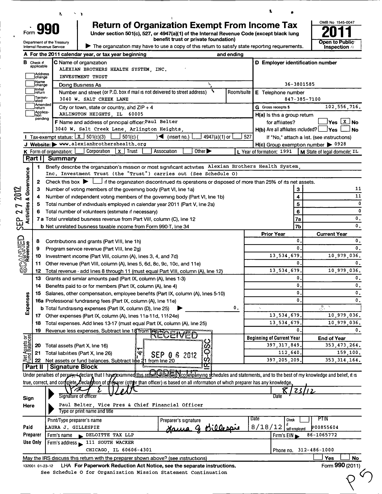 Image of first page of 2011 Form 990 for Alexian Brothers Health System Investment Trust