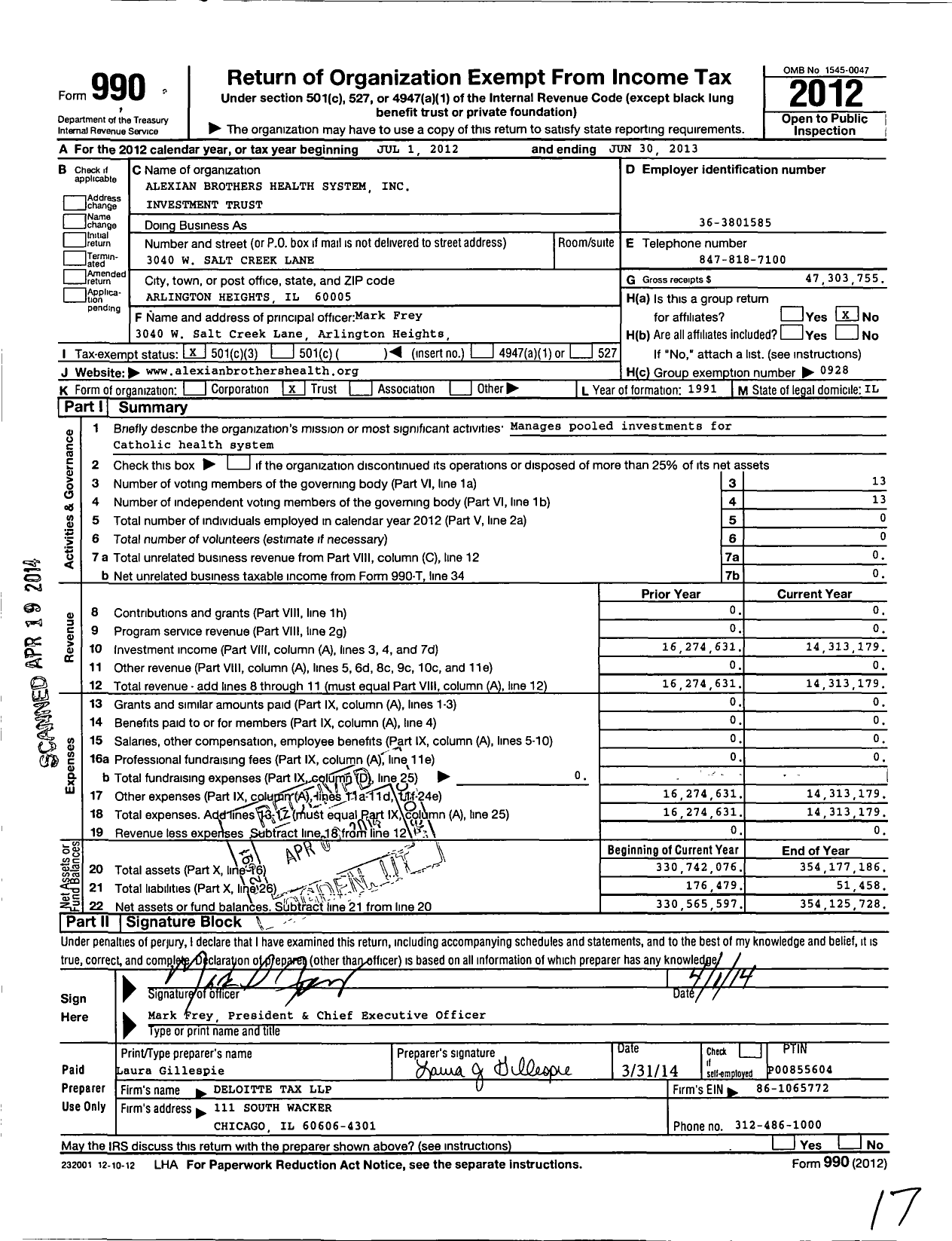 Image of first page of 2012 Form 990 for Alexian Brothers Health System Investment Trust
