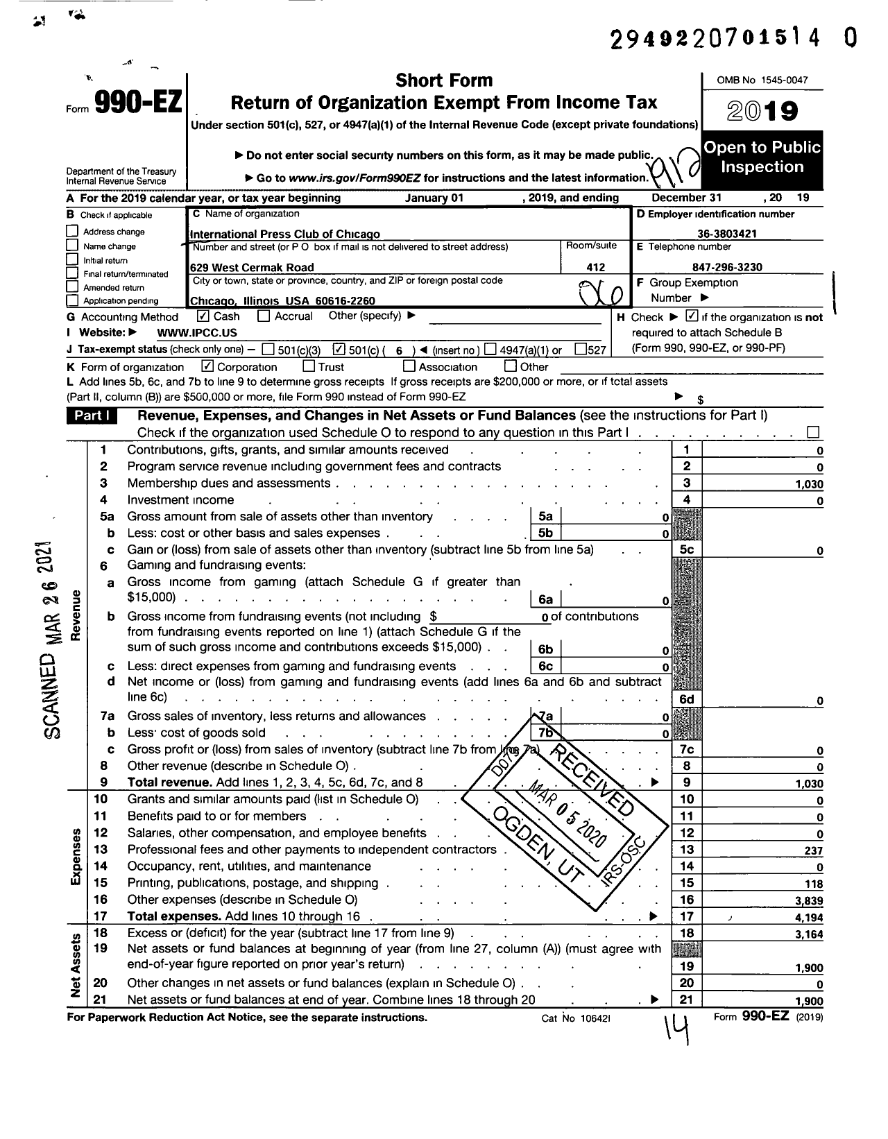 Image of first page of 2019 Form 990EO for International Press Club of Chicago