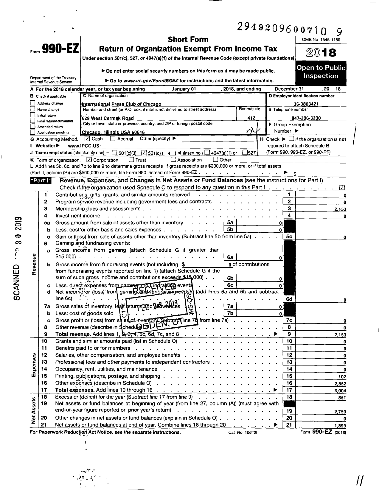 Image of first page of 2018 Form 990EO for International Press Club of Chicago