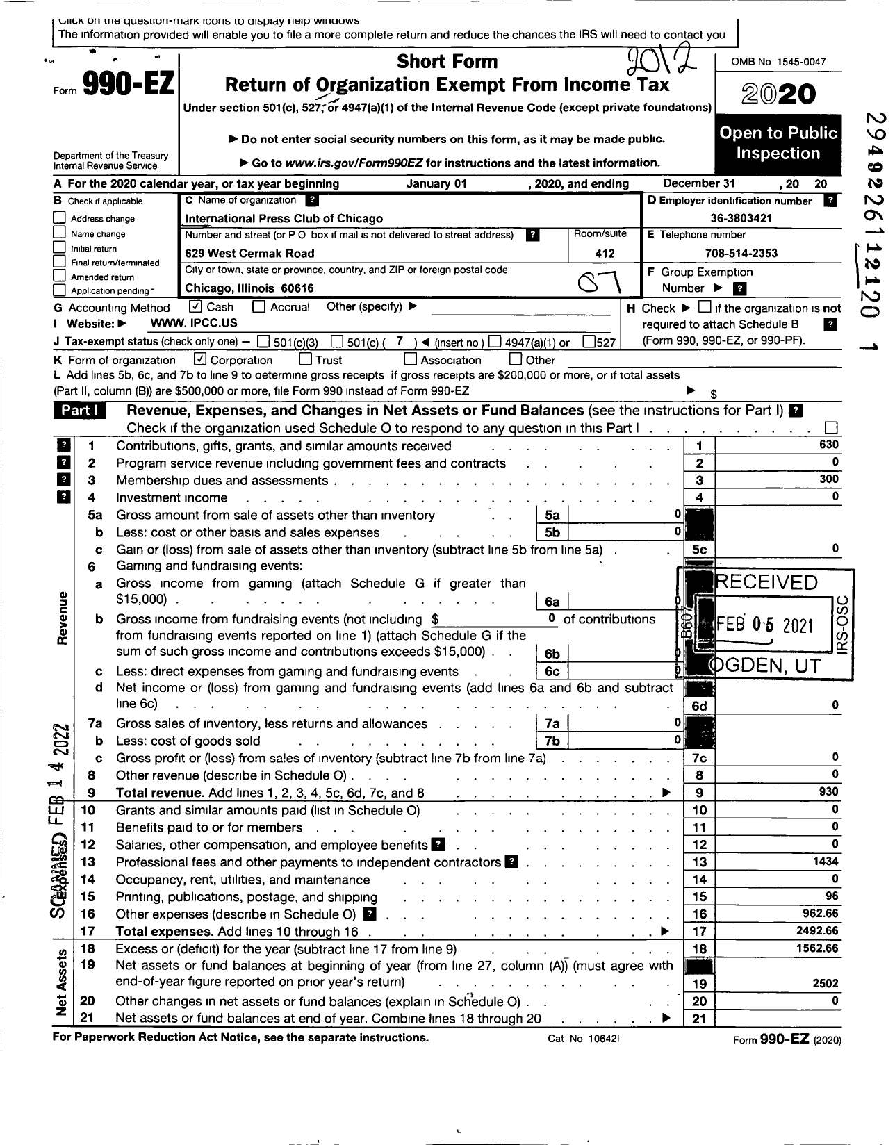 Image of first page of 2020 Form 990EO for International Press Club of Chicago