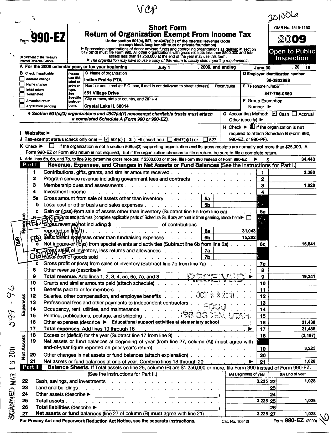 Image of first page of 2009 Form 990EZ for Illinois PTA - Indian Prairie PTA