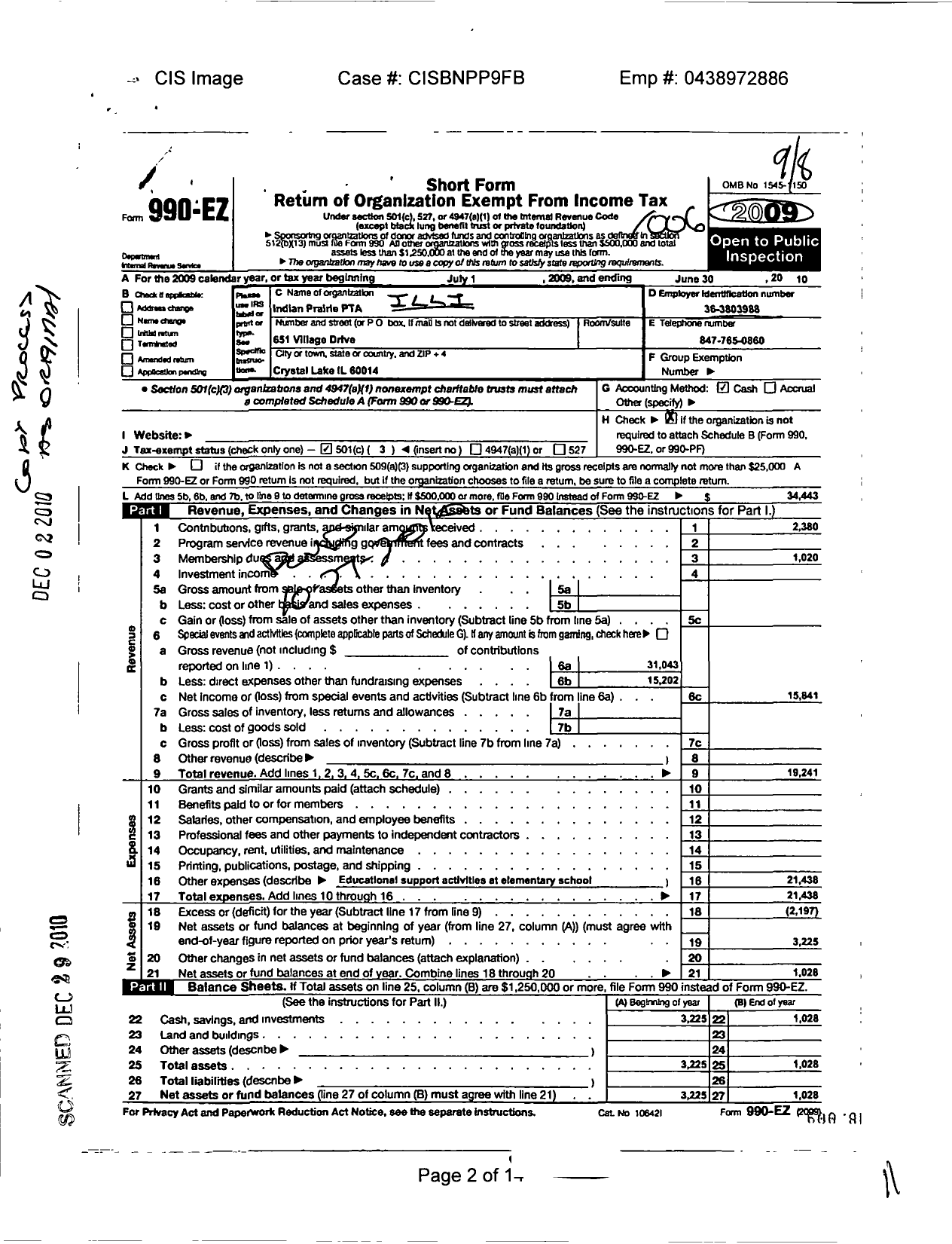 Image of first page of 2009 Form 990EZ for Illinois PTA - Indian Prairie PTA