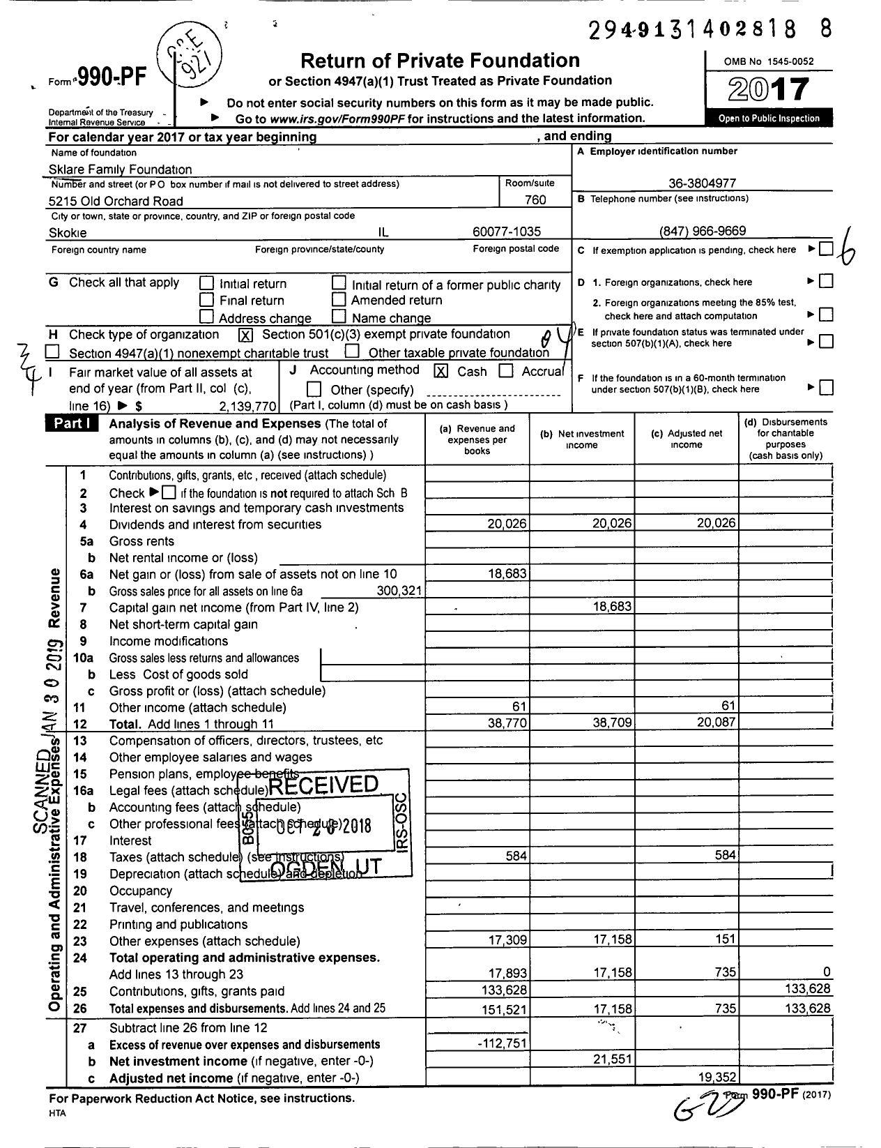 Image of first page of 2017 Form 990PF for Sklare Family Foundation