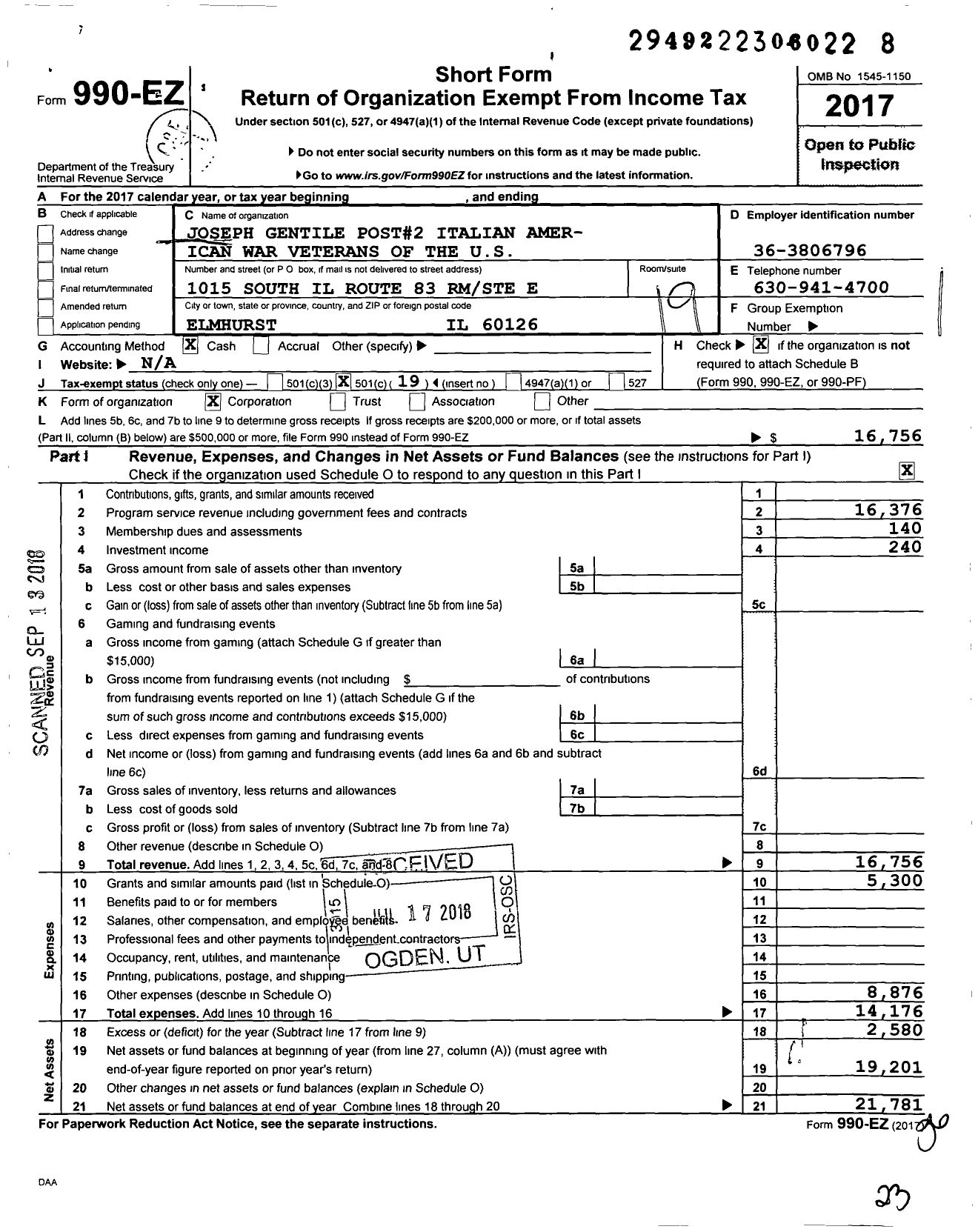 Image of first page of 2017 Form 990EO for Italian American War Veterans of the Us - 2 Joseph Gentile SR Post