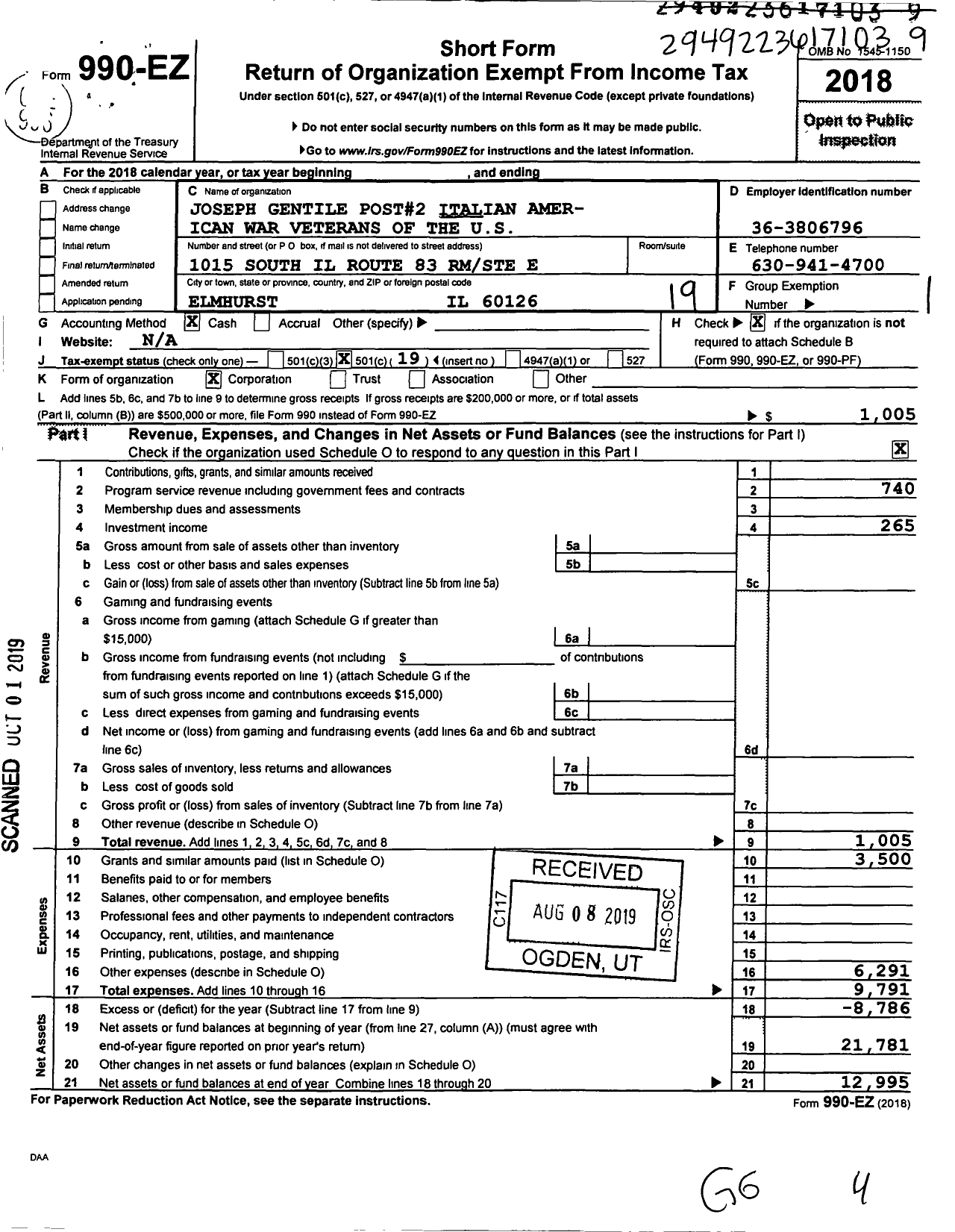 Image of first page of 2018 Form 990EO for Italian American War Veterans of the Us - 2 Joseph Gentile SR Post