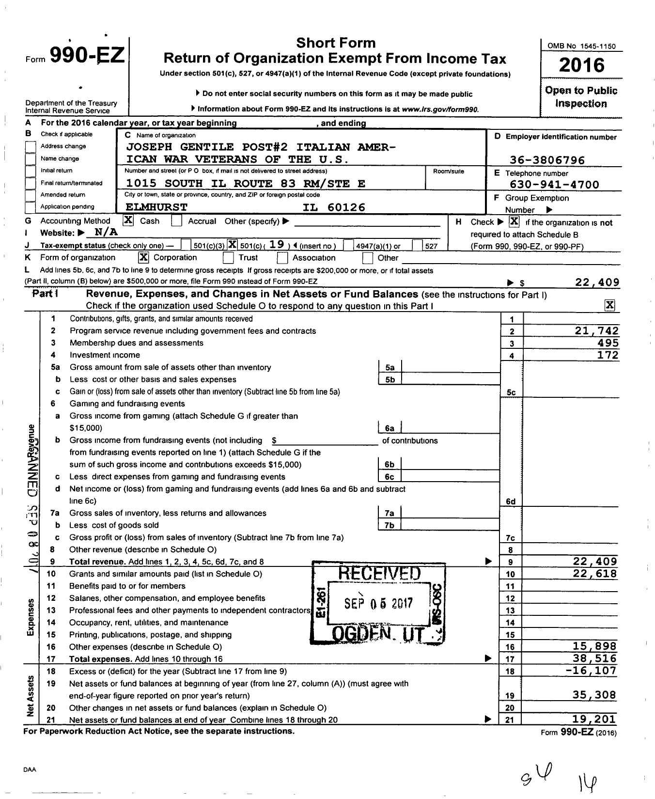 Image of first page of 2016 Form 990EO for Italian American War Veterans of the Us - 2 Joseph Gentile SR Post