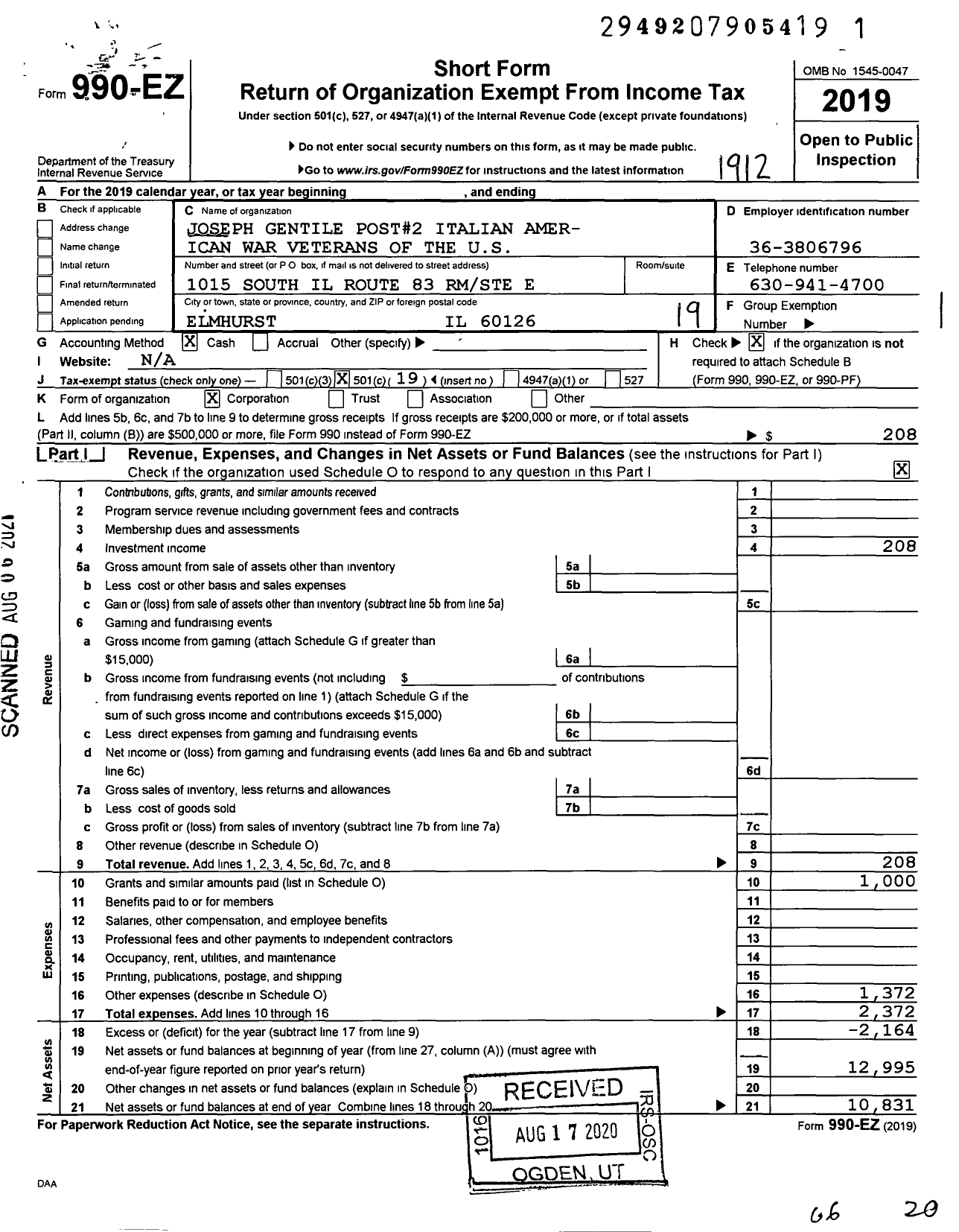 Image of first page of 2019 Form 990EO for Italian American War Veterans of the Us - 2 Joseph Gentile SR Post