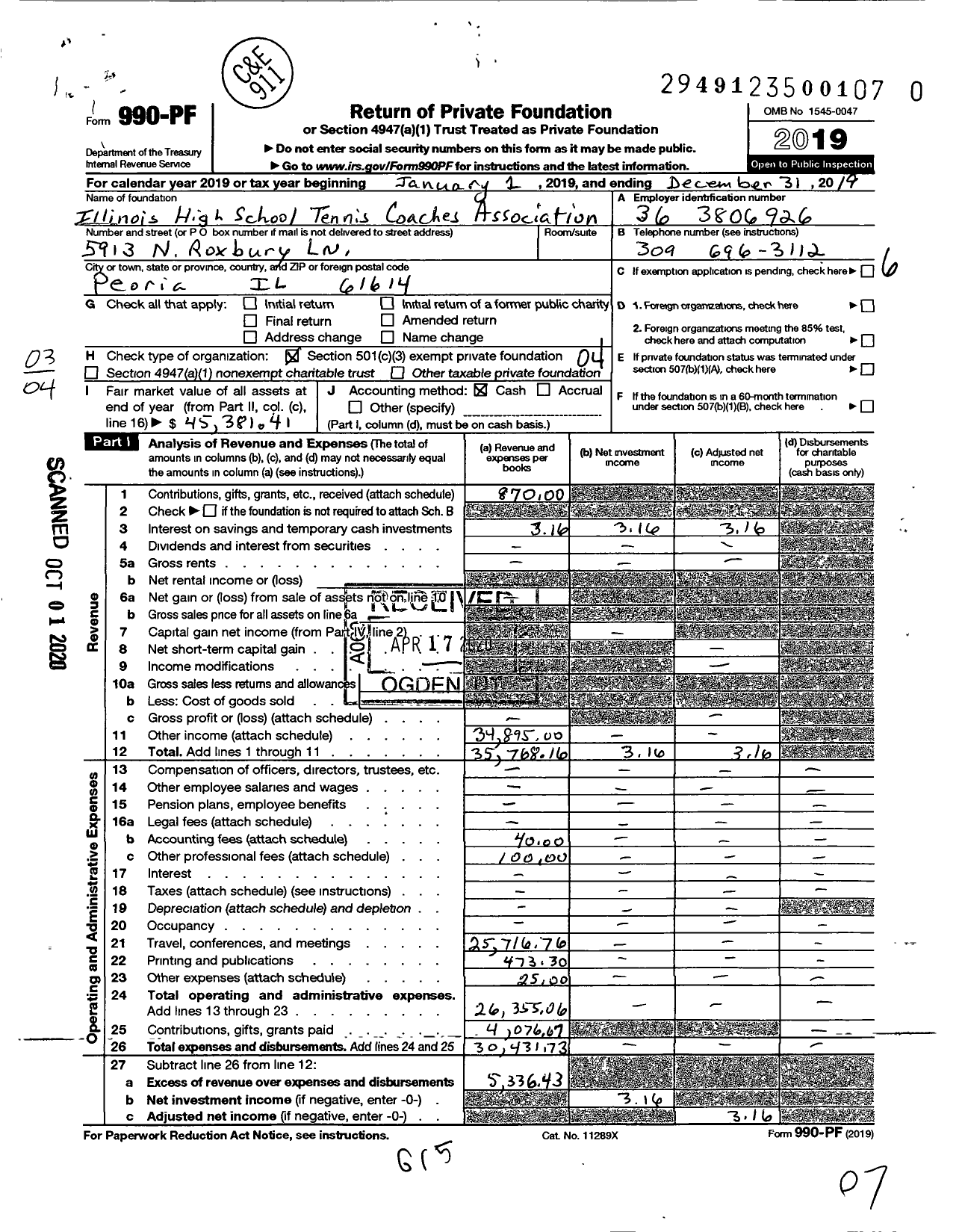 Image of first page of 2019 Form 990PR for Illinois High School Tennis Coaches