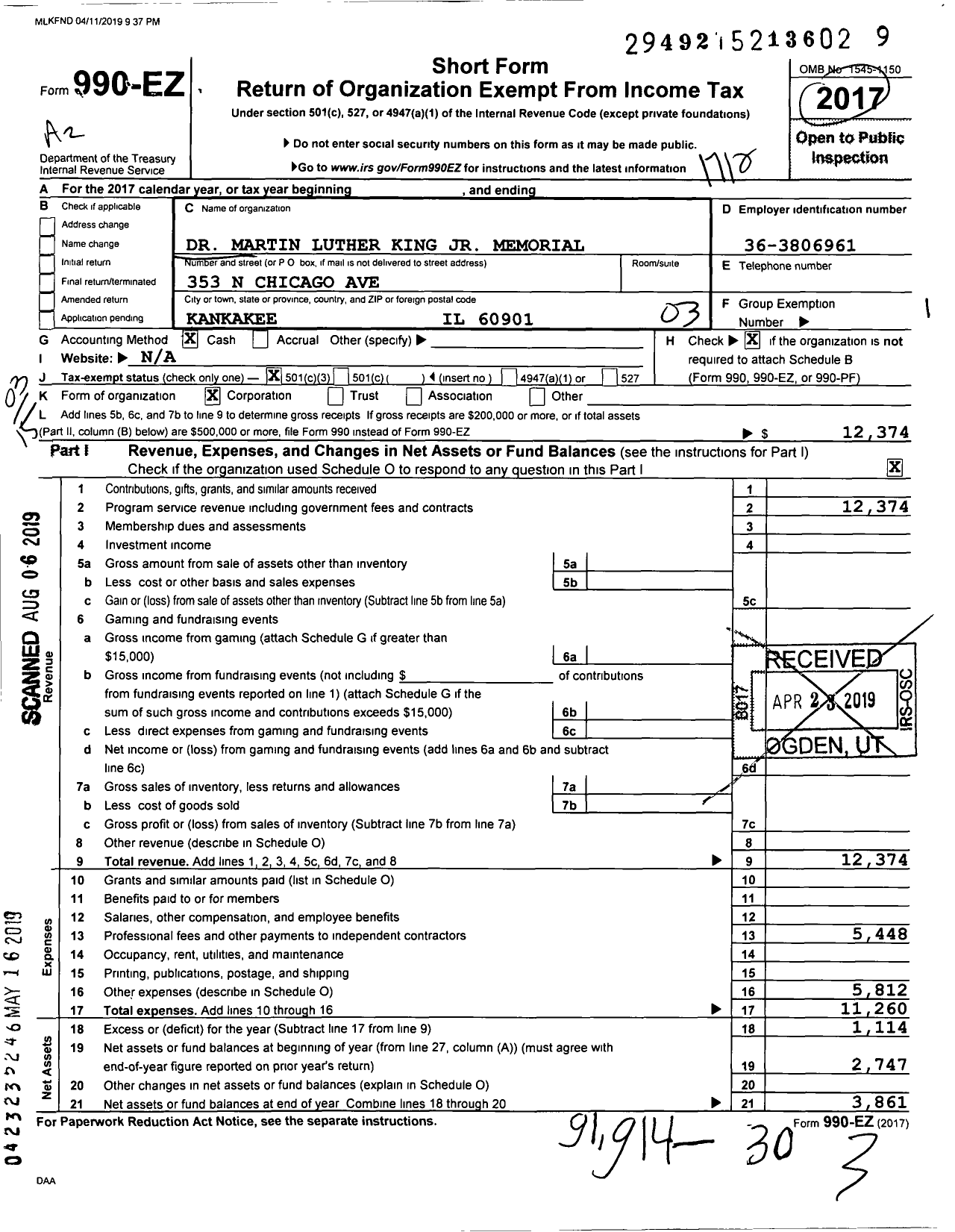 Image of first page of 2017 Form 990EZ for Dr Martin Luther King JR Memorial Foundation / Kankakee County