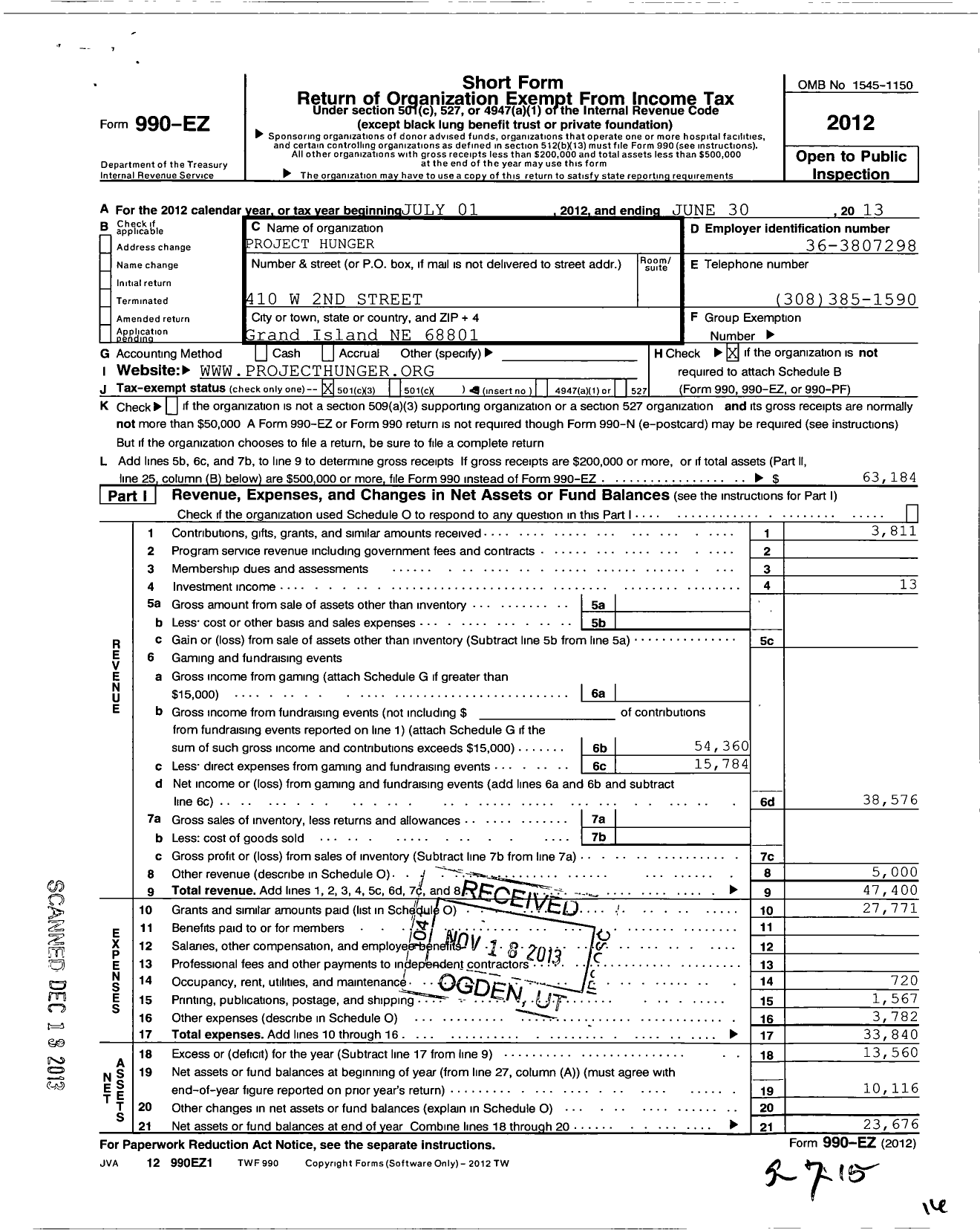 Image of first page of 2012 Form 990EZ for Project Hunger