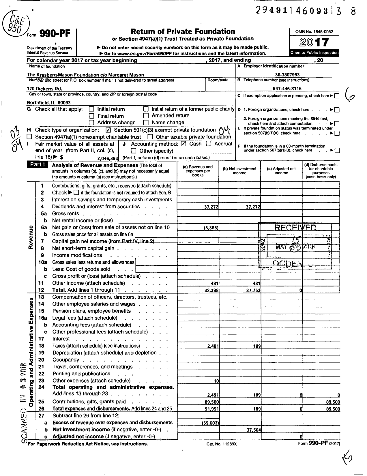 Image of first page of 2017 Form 990PF for Krasberg Mason Foundation