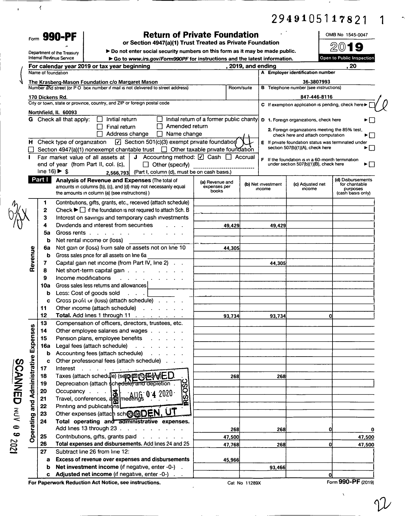 Image of first page of 2019 Form 990PF for Krasberg Mason Foundation