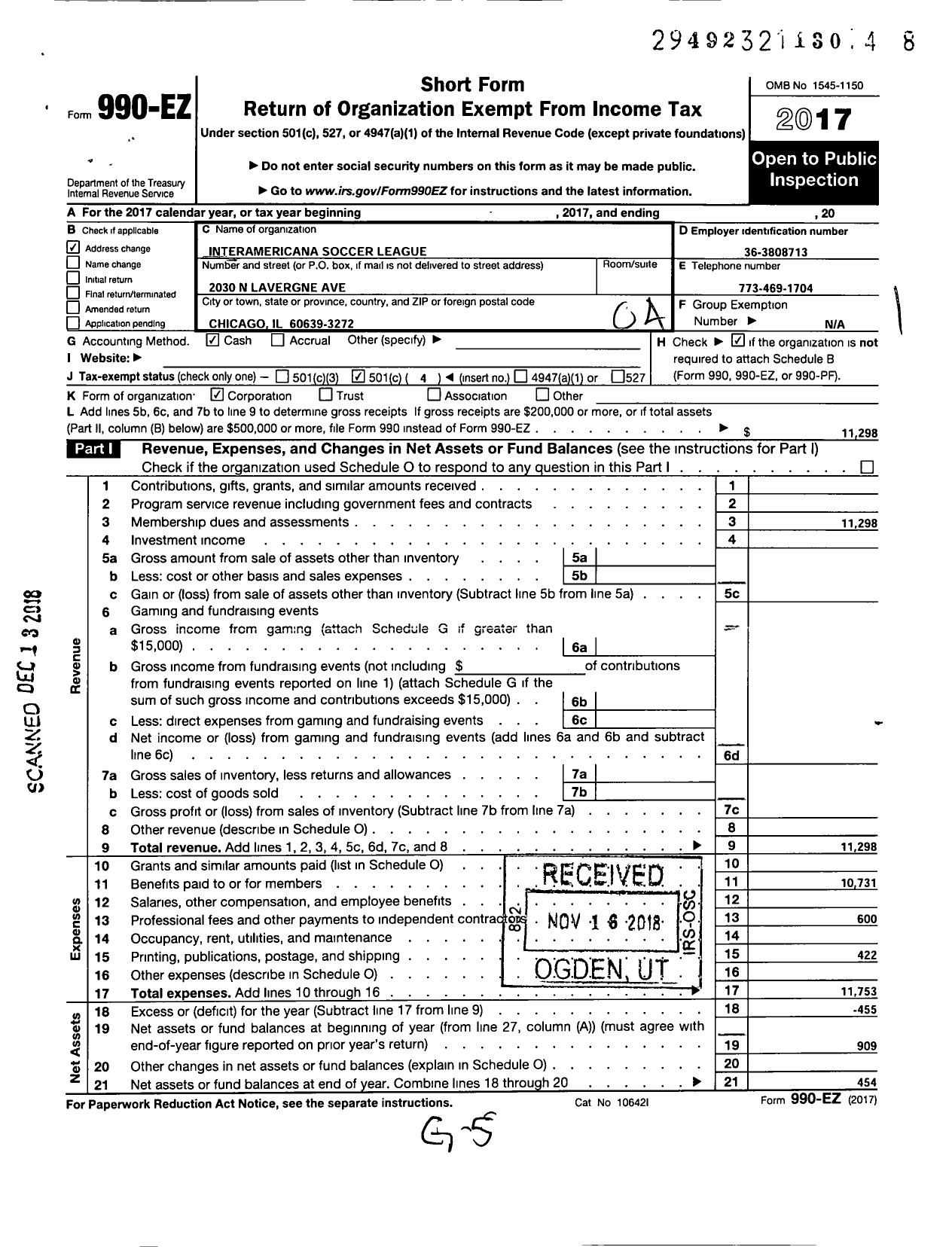 Image of first page of 2017 Form 990EO for Interamericana Soccer League