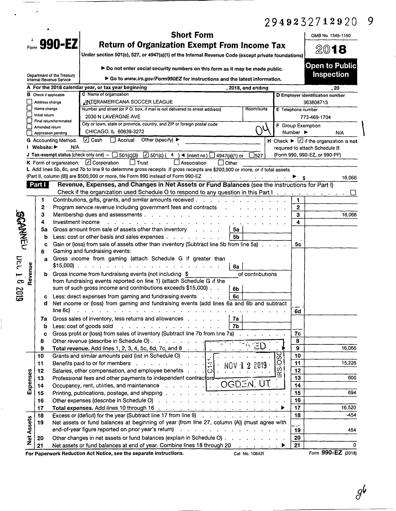 Image of first page of 2018 Form 990EO for Interamericana Soccer League