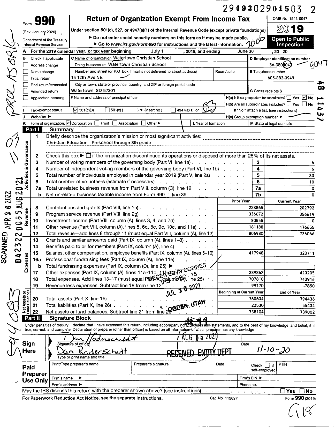 Image of first page of 2019 Form 990 for Watertown Christian School