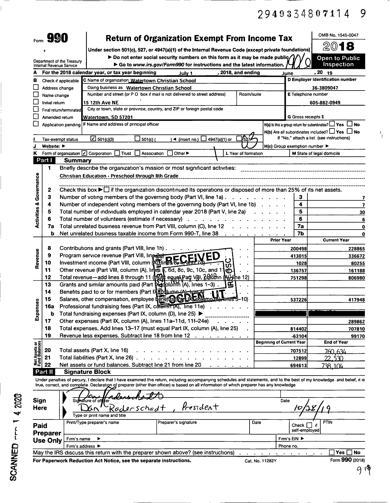 Image of first page of 2018 Form 990 for Watertown Christian School