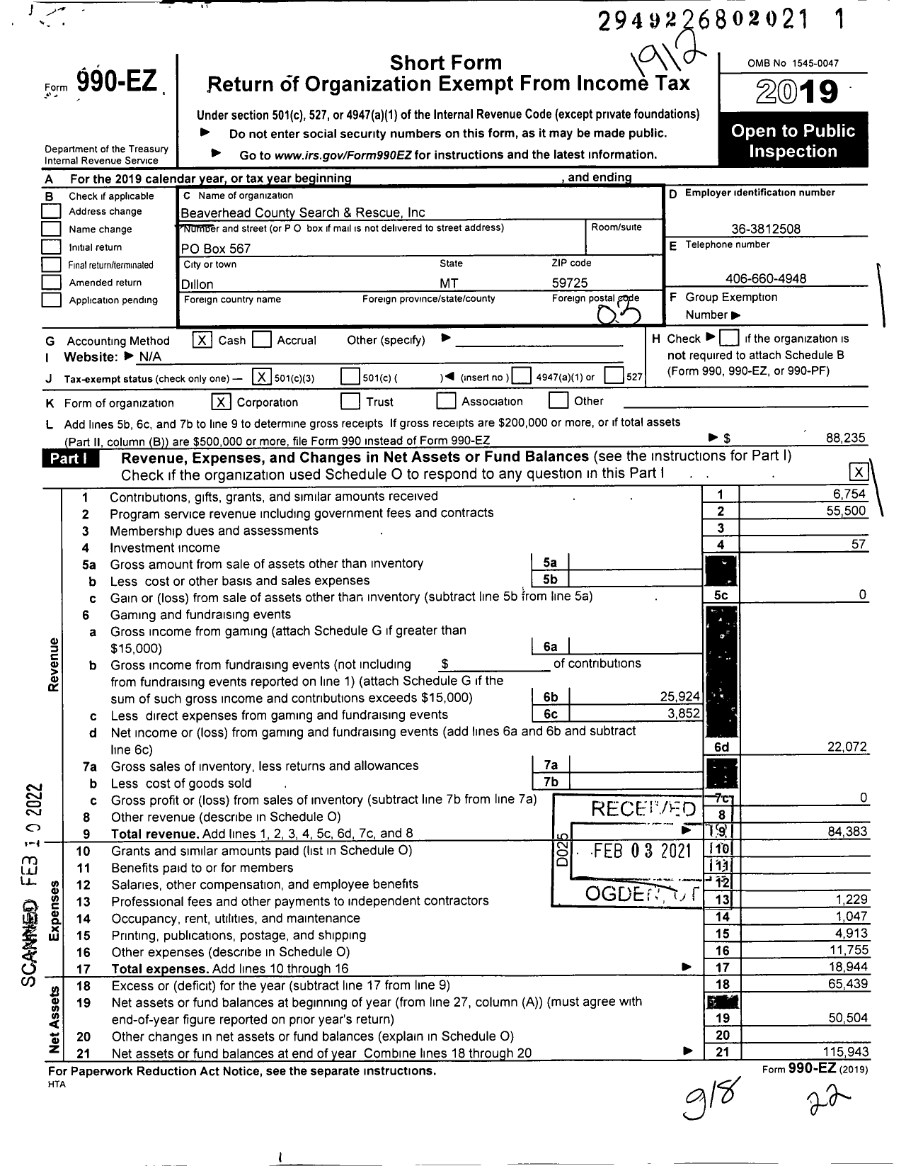 Image of first page of 2019 Form 990EZ for Beaverhead County Search and Rescue