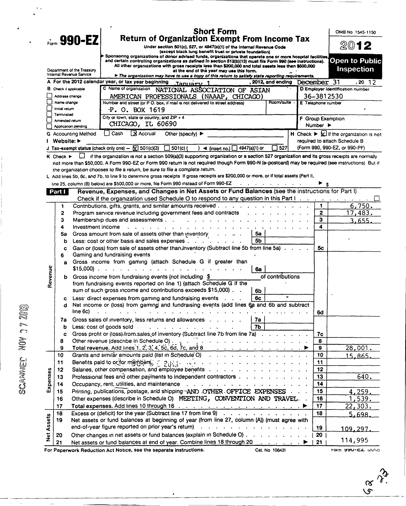 Image of first page of 2012 Form 990EZ for National Association of Asian American Professionals Chicago