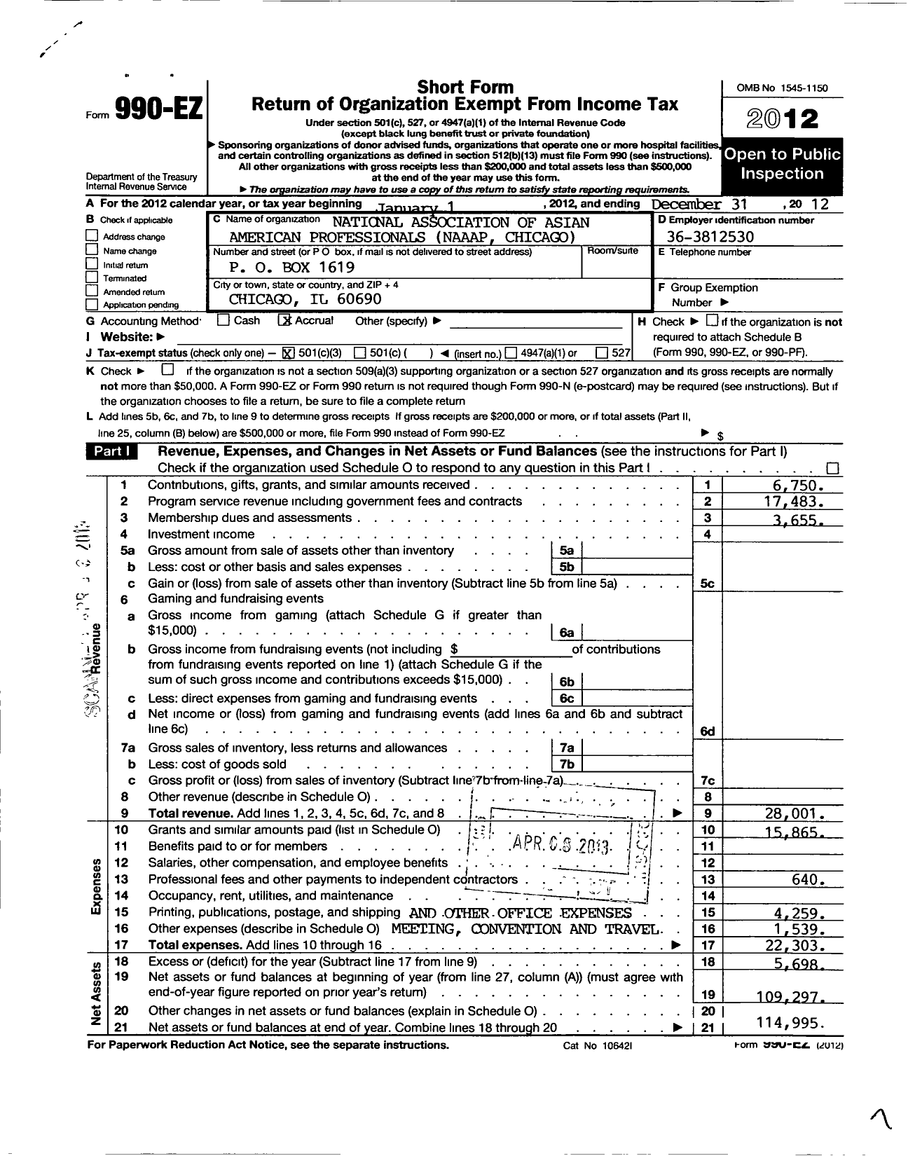 Image of first page of 2012 Form 990EZ for National Association of Asian American Professionals Chicago