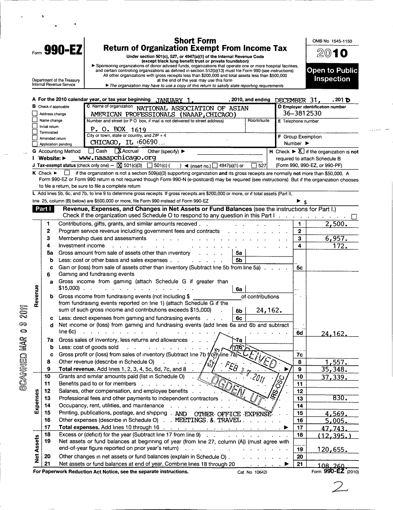 Image of first page of 2010 Form 990EZ for National Association of Asian American Professionals Chicago