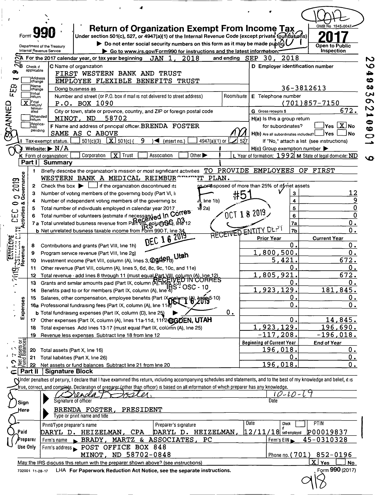 Image of first page of 2017 Form 990O for First Western Bank and Trust Employee Flexible Benefits Trust