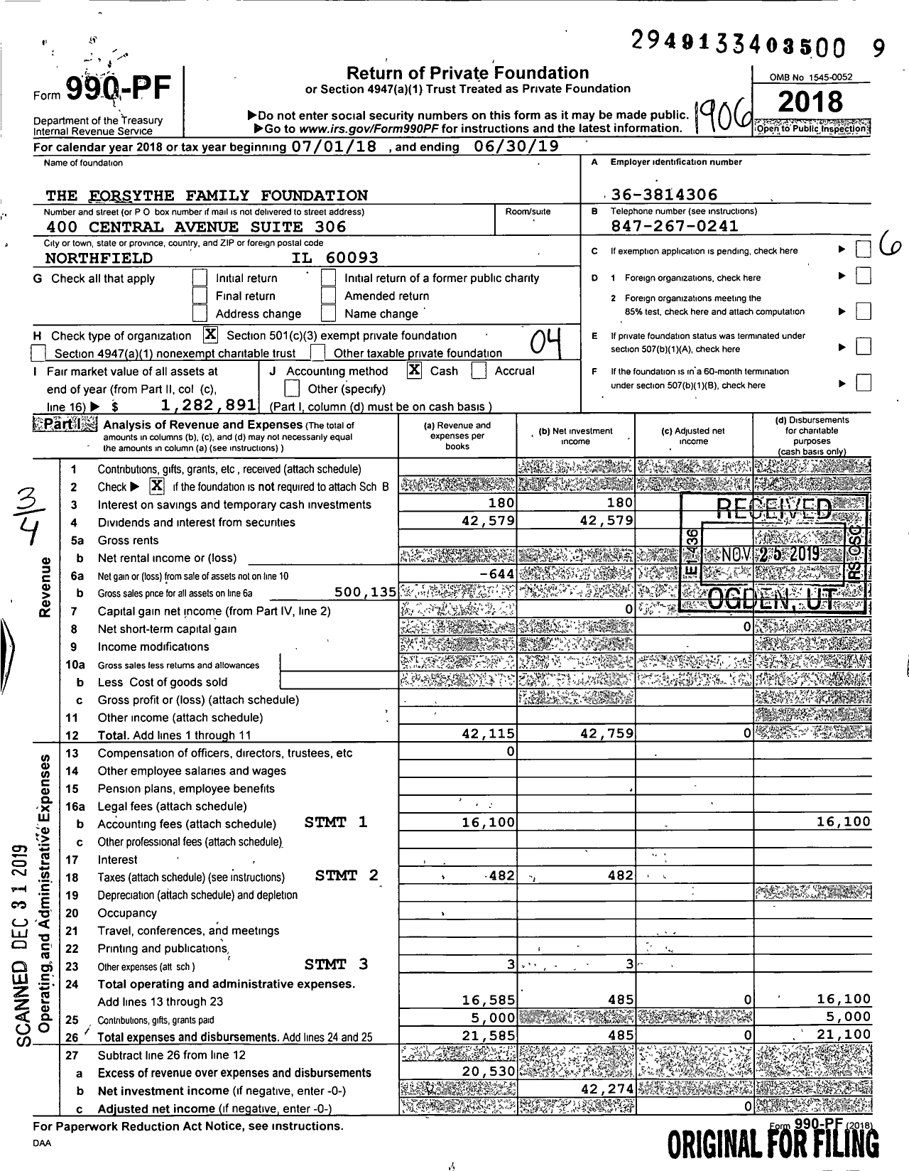 Image of first page of 2018 Form 990PF for The Forsythe Family Foundation