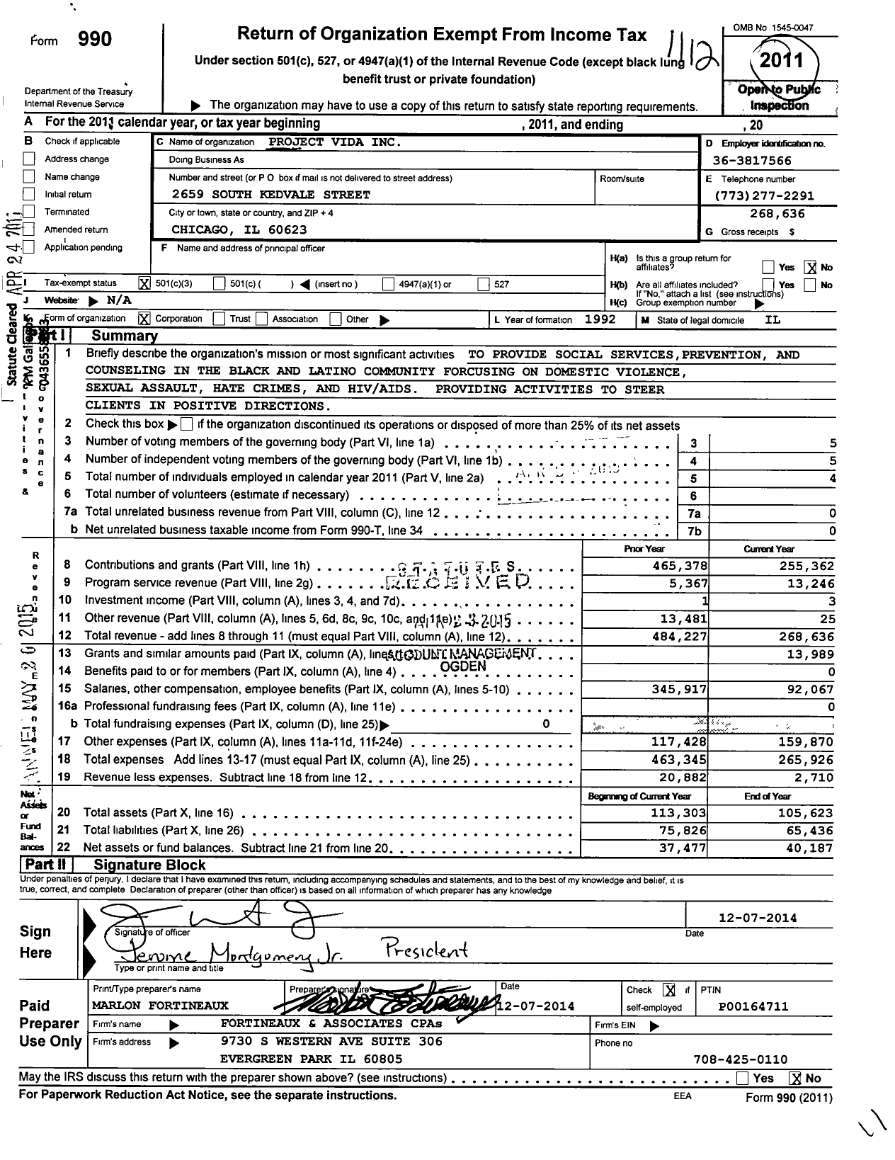 Image of first page of 2011 Form 990 for Project Vida