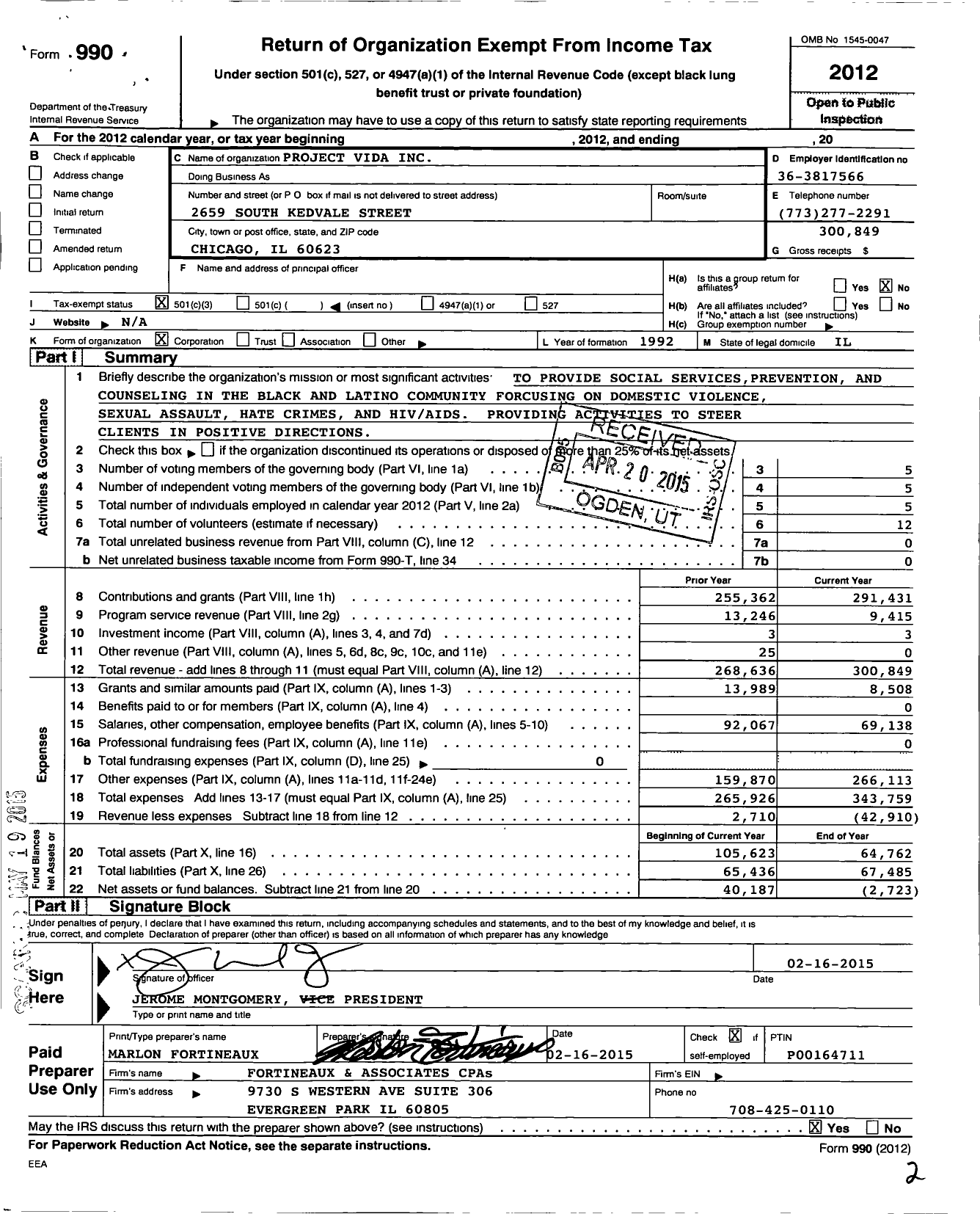 Image of first page of 2012 Form 990 for Project Vida