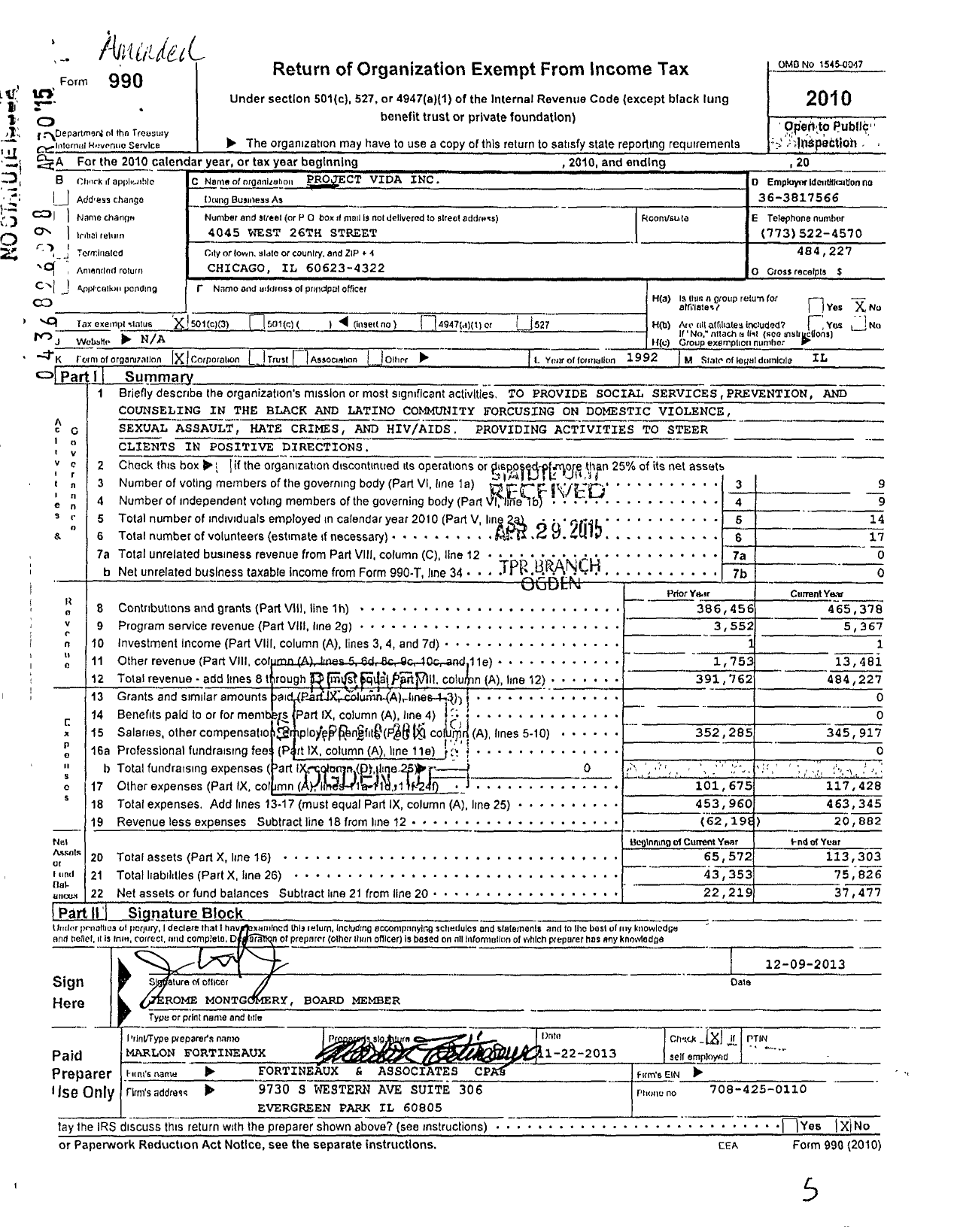 Image of first page of 2010 Form 990 for Project Vida