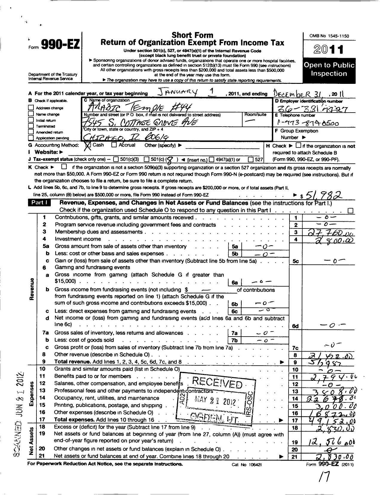 Image of first page of 2011 Form 990EO for Ancient Egyptian Arabic Mystic Shrine