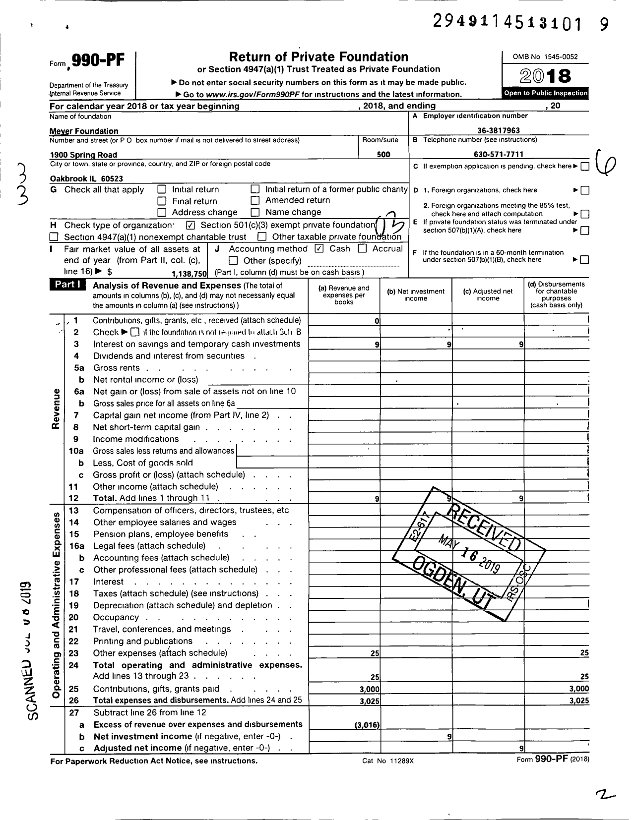 Image of first page of 2018 Form 990PF for Meyer Foundation