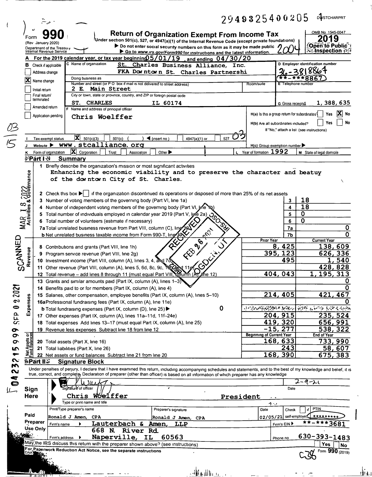 Image of first page of 2019 Form 990 for St Charles Business Alliance