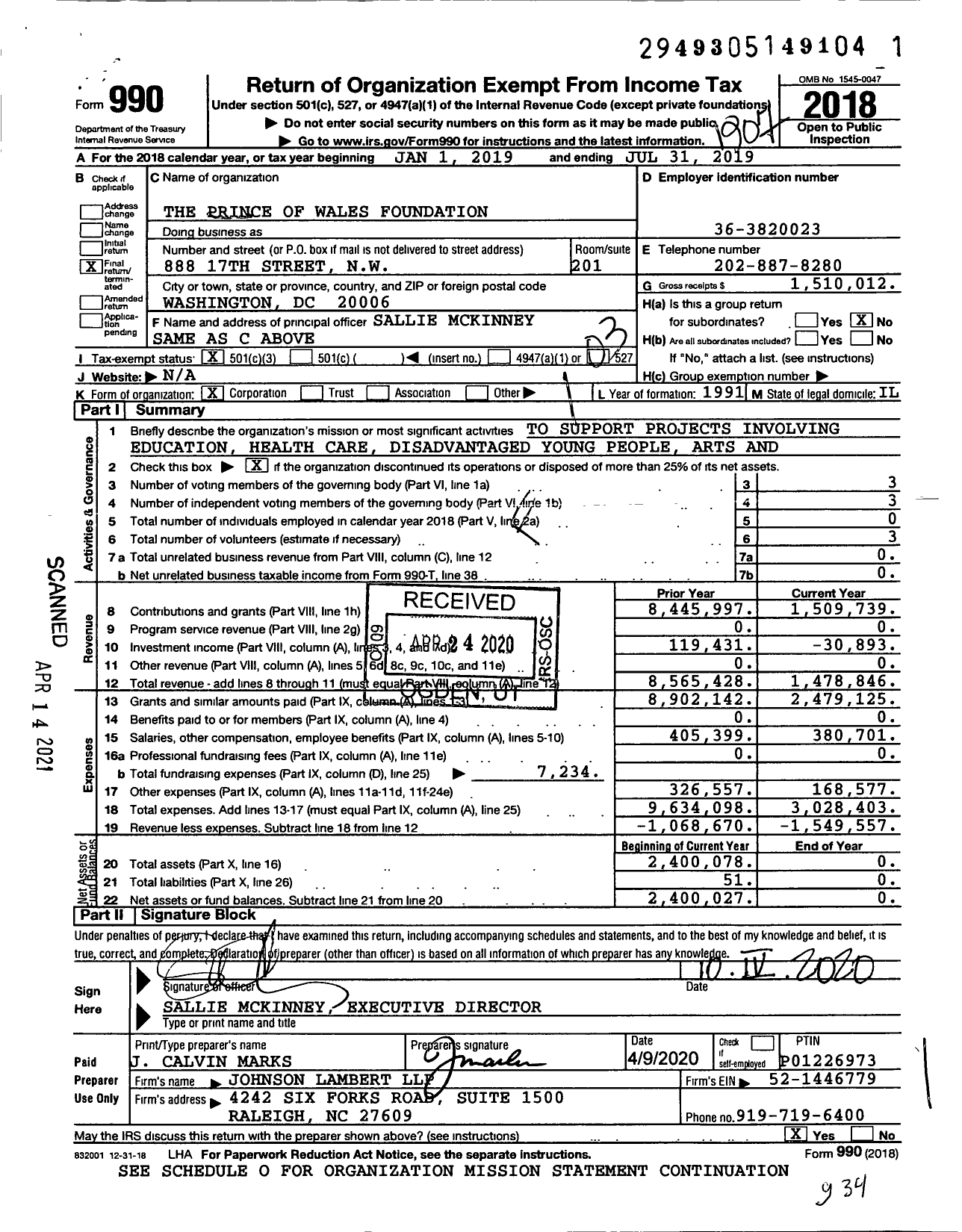 Image of first page of 2018 Form 990 for The Prince of Wales Foundation