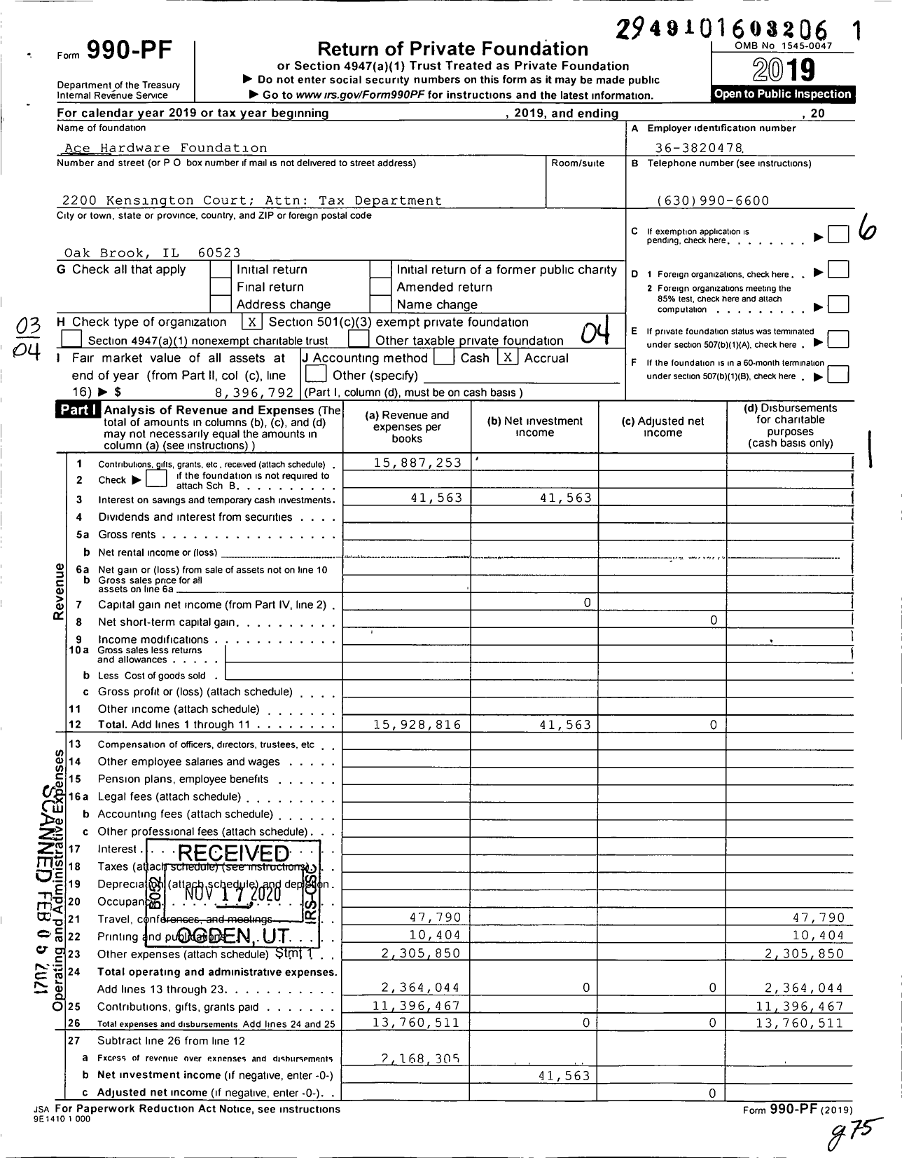 Image of first page of 2019 Form 990PA for Ace Hardware Foundation