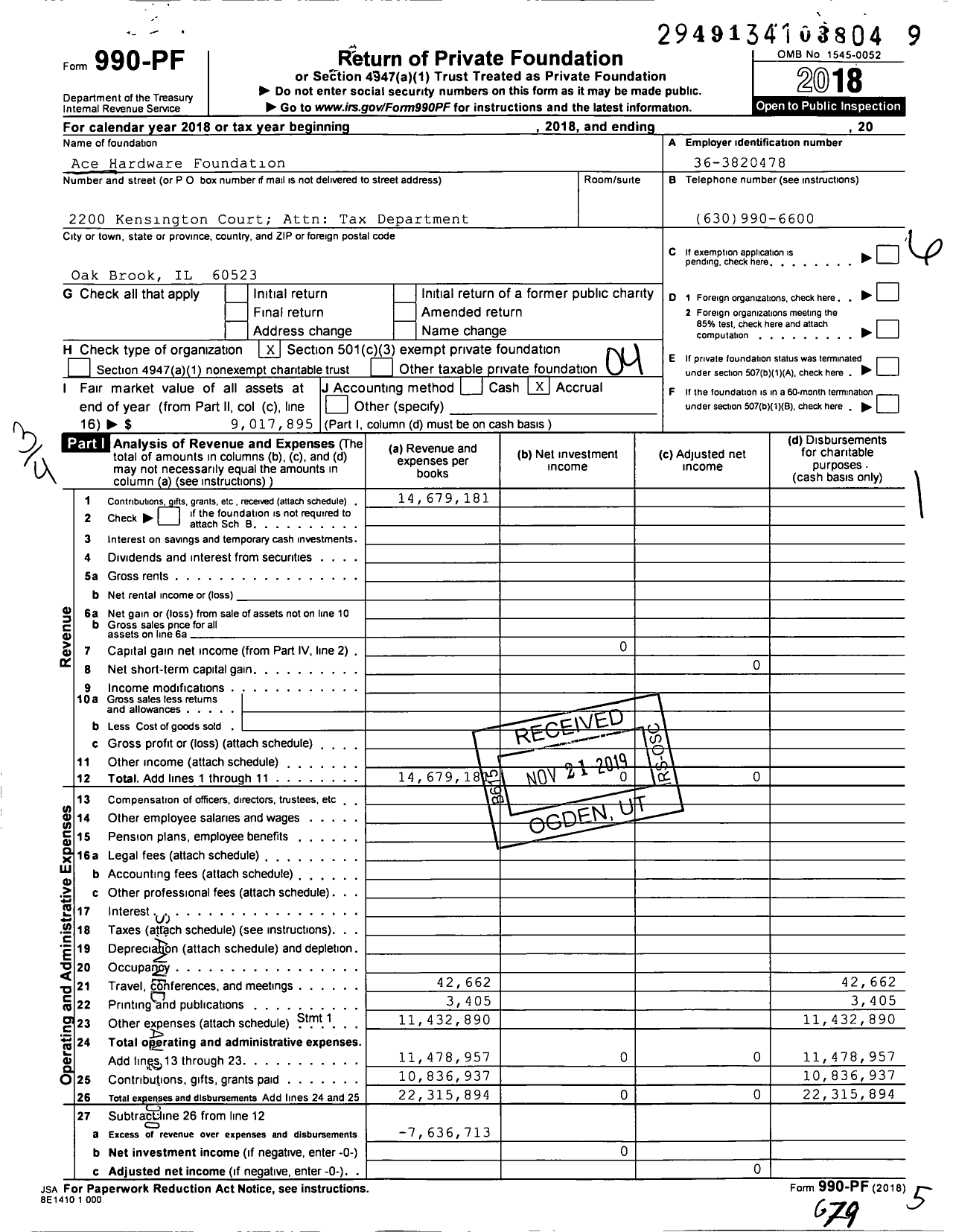 Image of first page of 2018 Form 990PF for Ace Hardware Foundation