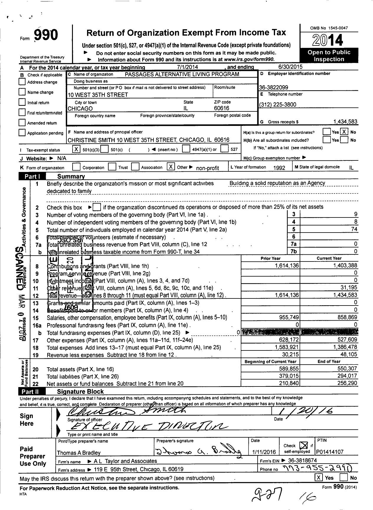 Image of first page of 2014 Form 990 for Passages Alternative Living Programs