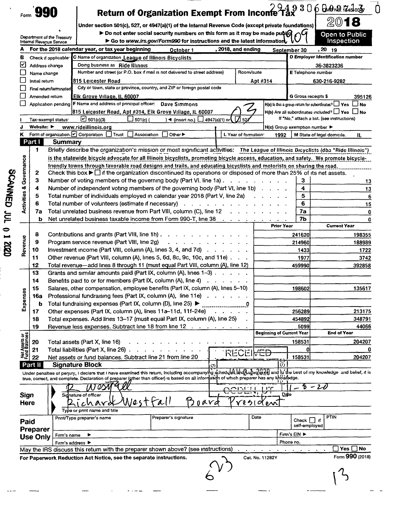 Image of first page of 2018 Form 990 for Ride Illinois