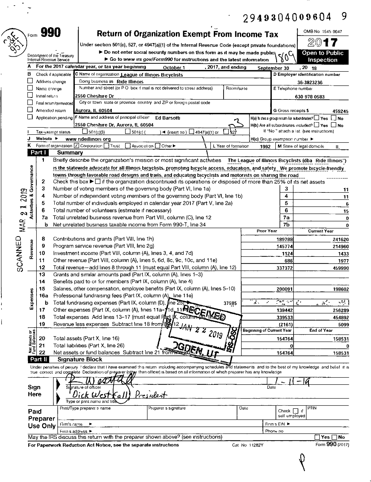 Image of first page of 2017 Form 990 for Ride Illinois
