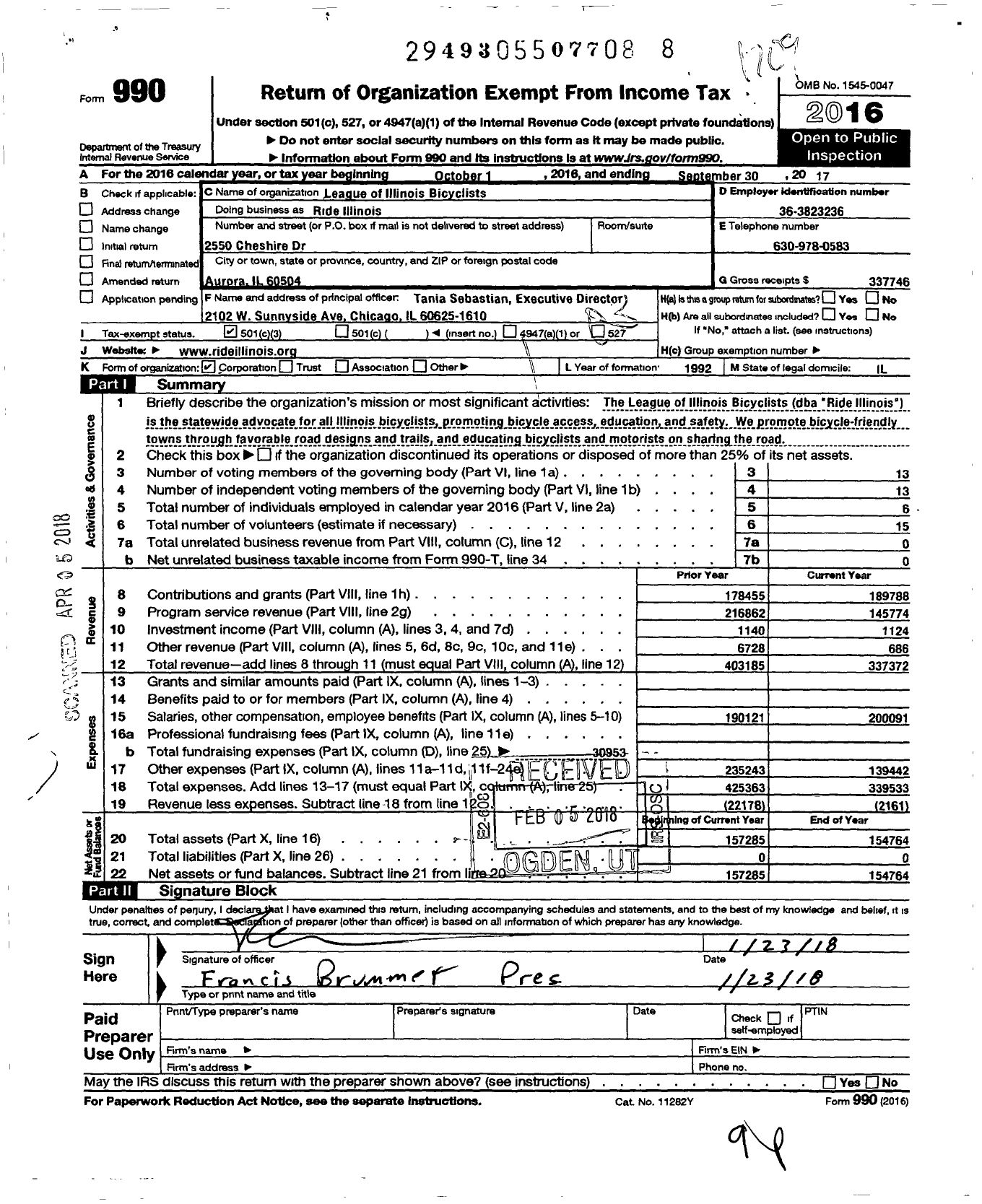 Image of first page of 2016 Form 990 for Ride Illinois