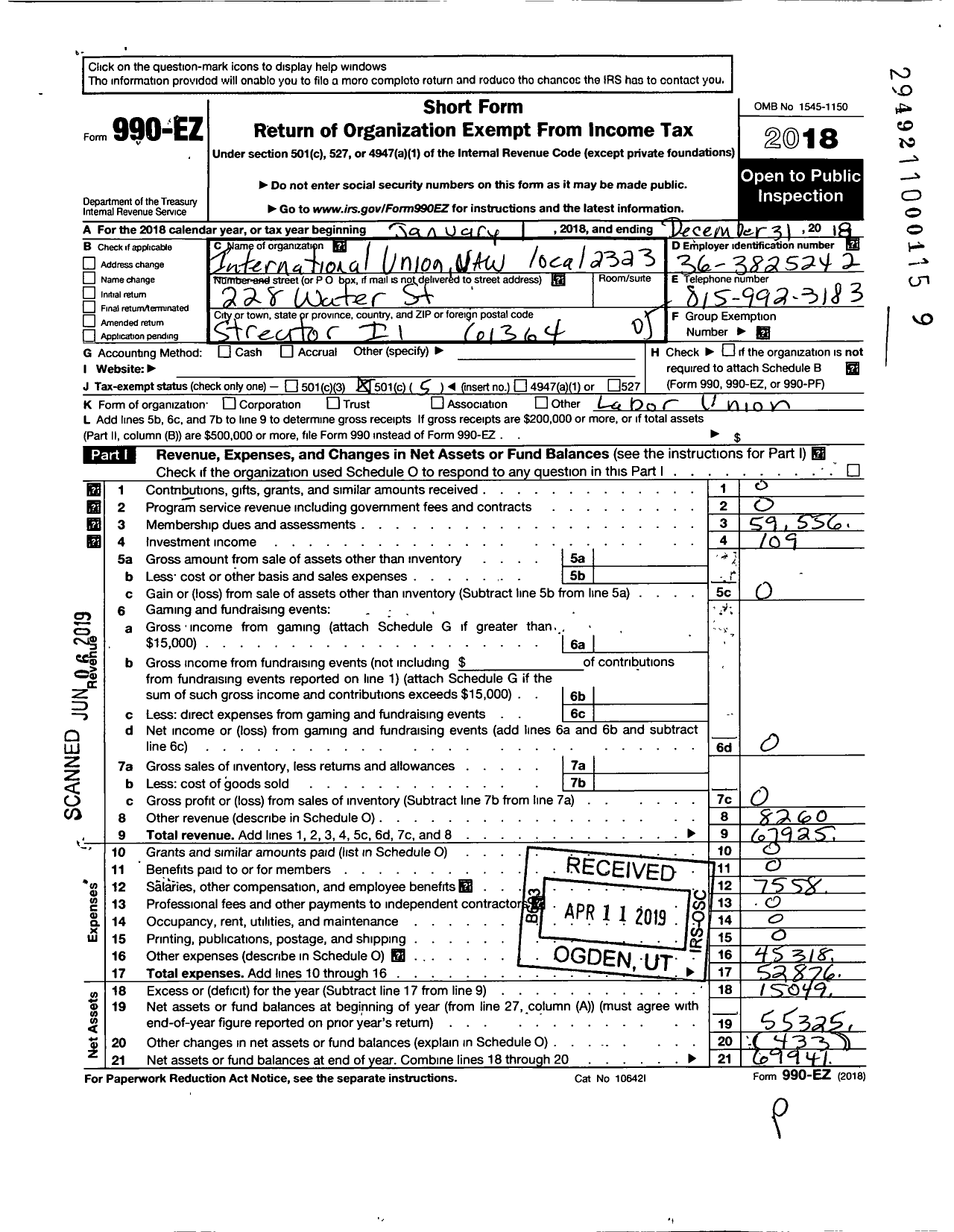 Image of first page of 2018 Form 990EO for UAW - International Union UAW Local 2323