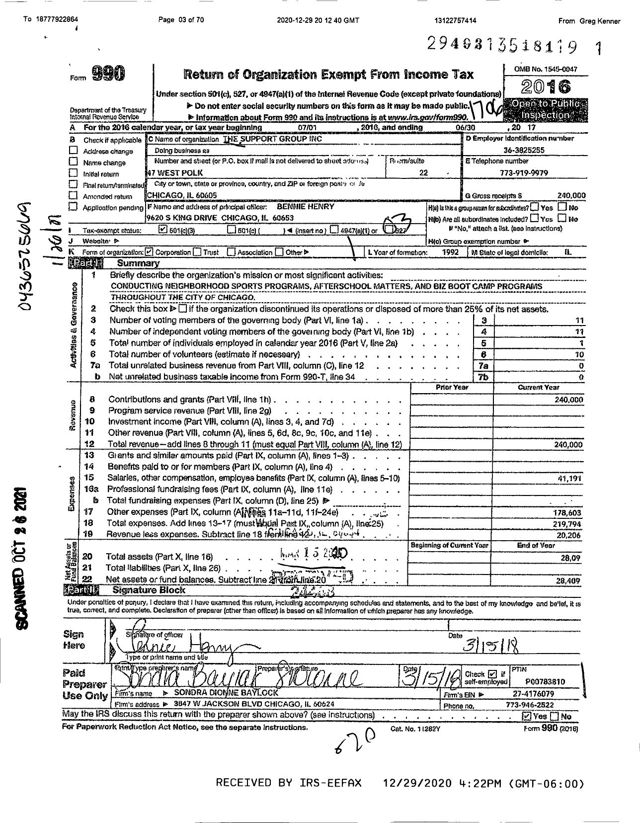 Image of first page of 2016 Form 990 for The Support Group