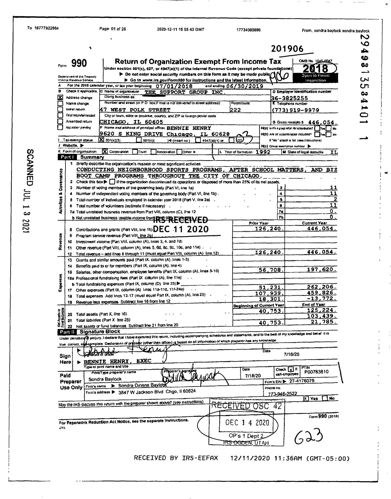 Image of first page of 2018 Form 990 for The Support Group