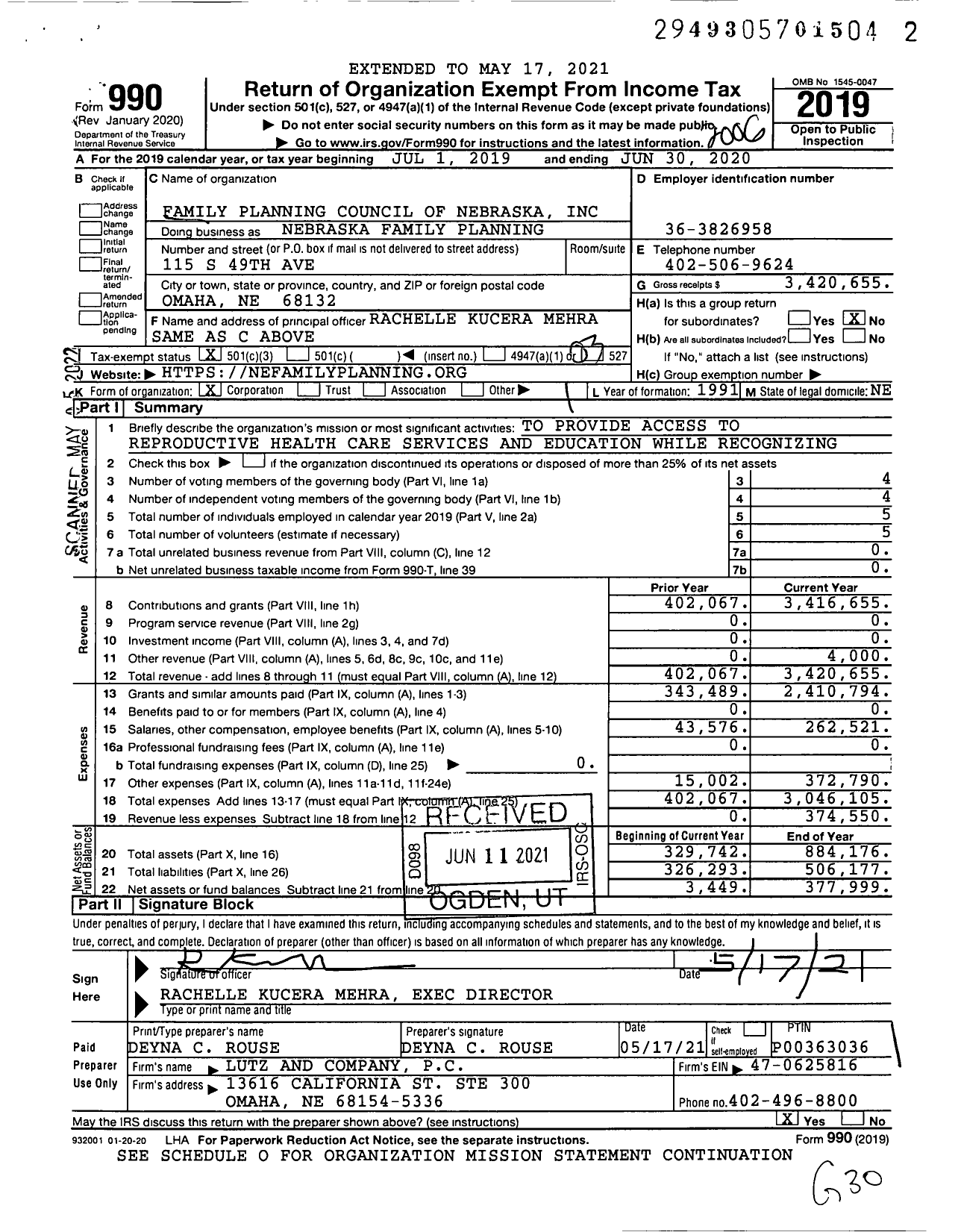 Image of first page of 2019 Form 990 for Nebraska Family Planning