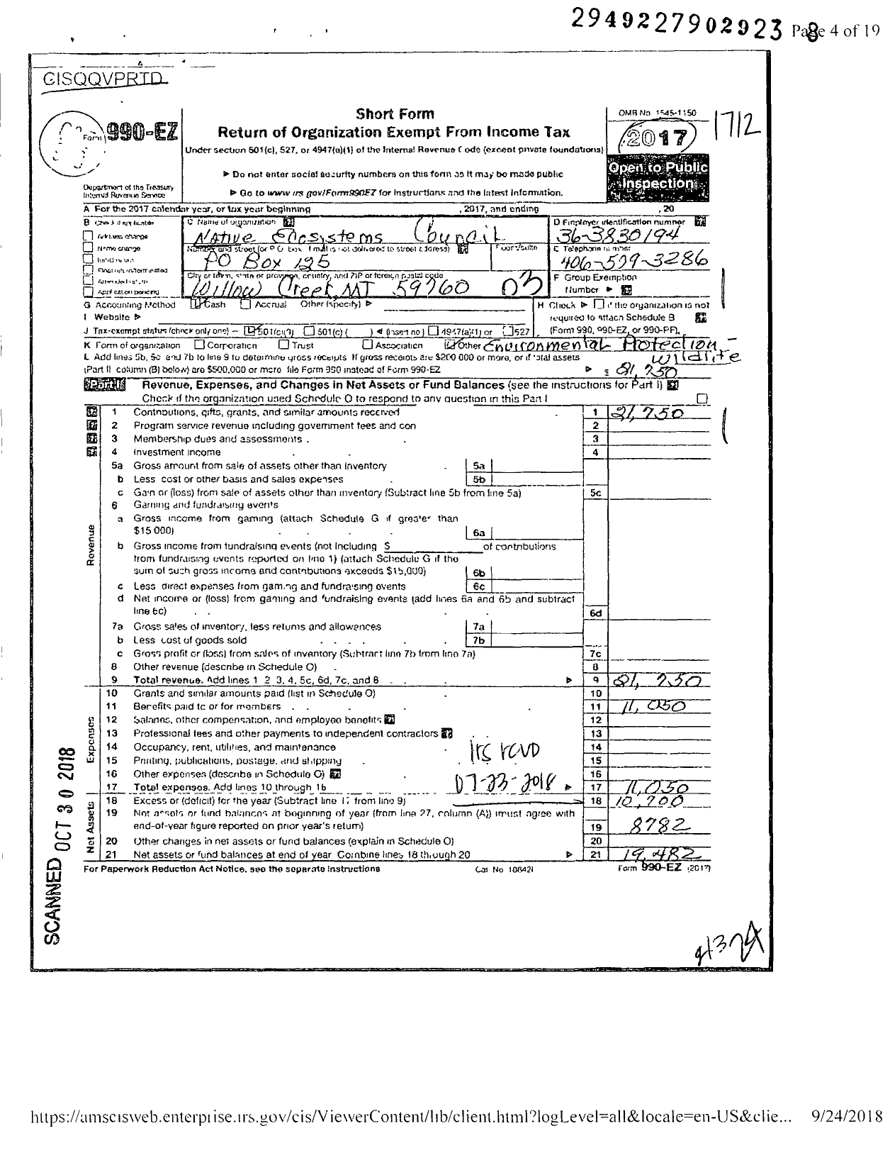 Image of first page of 2017 Form 990EZ for Native Ecosystems Council