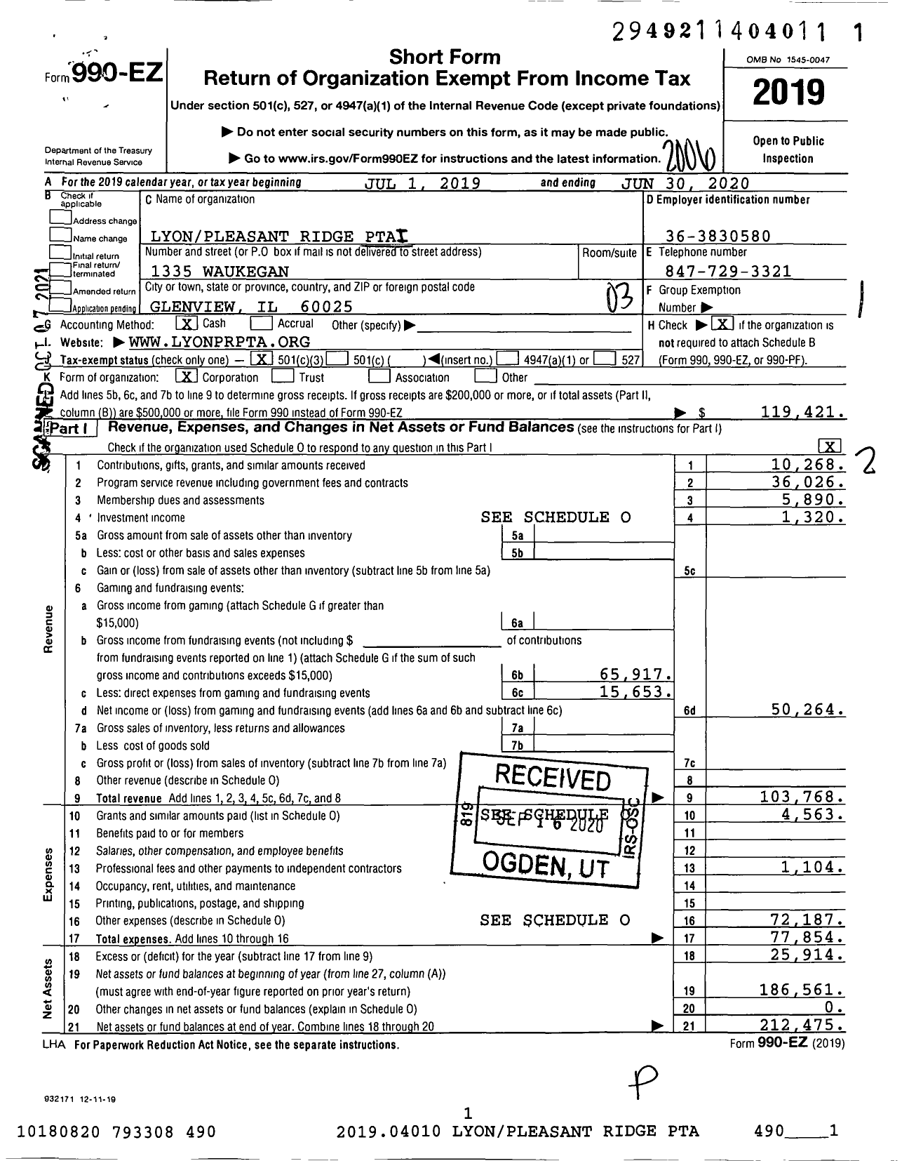 Image of first page of 2019 Form 990EZ for Illinois PTA - Lyon Pleasant Ridge PTA