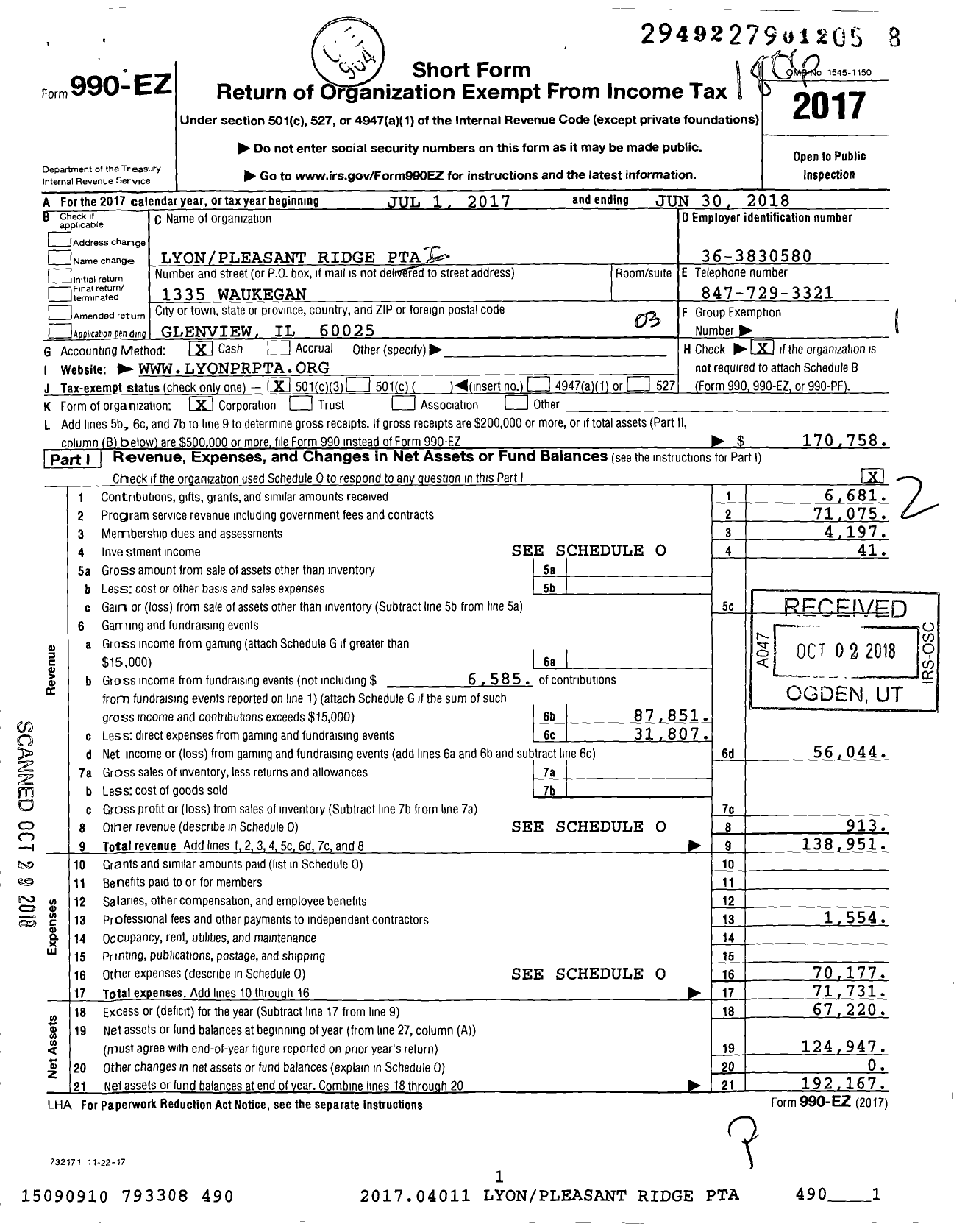 Image of first page of 2017 Form 990EZ for Illinois PTA - Lyon Pleasant Ridge PTA